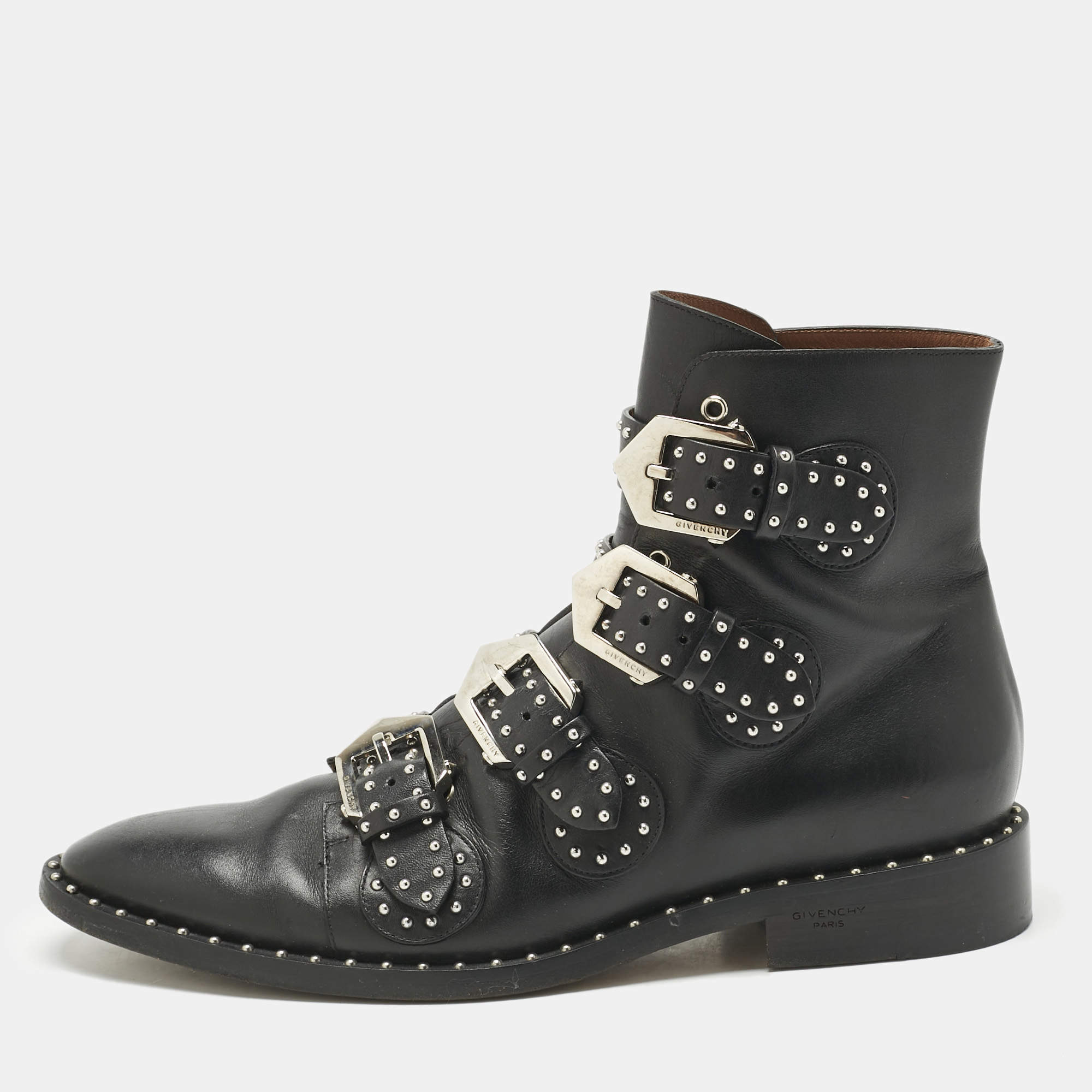 Pre Owned Givenchy Black Leather Studded Buckle Detail Ankle Boots Size 38.5