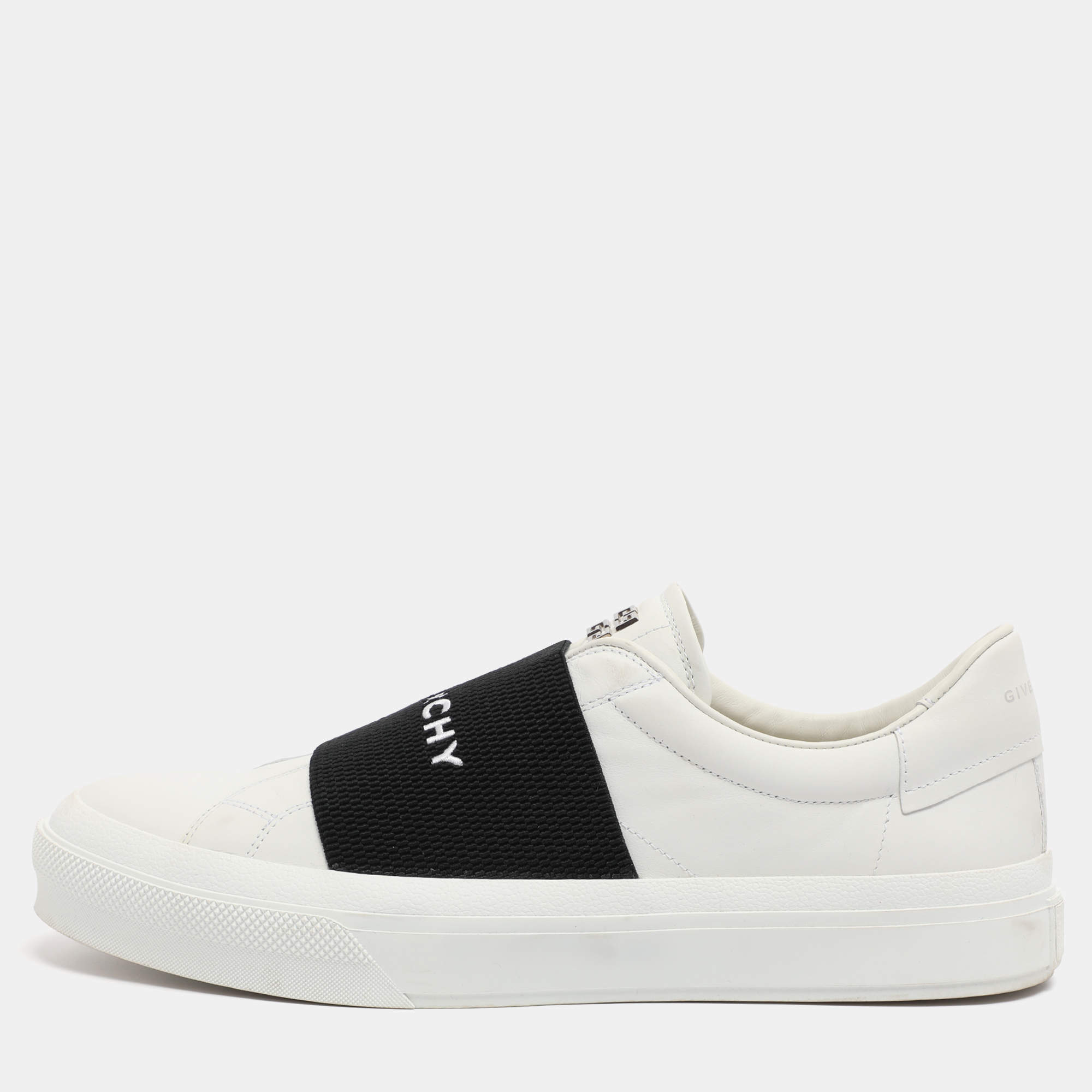 Pre Owned Givenchy White/Black Leather Urban Street Logo Slip On Sneakers Size 44
