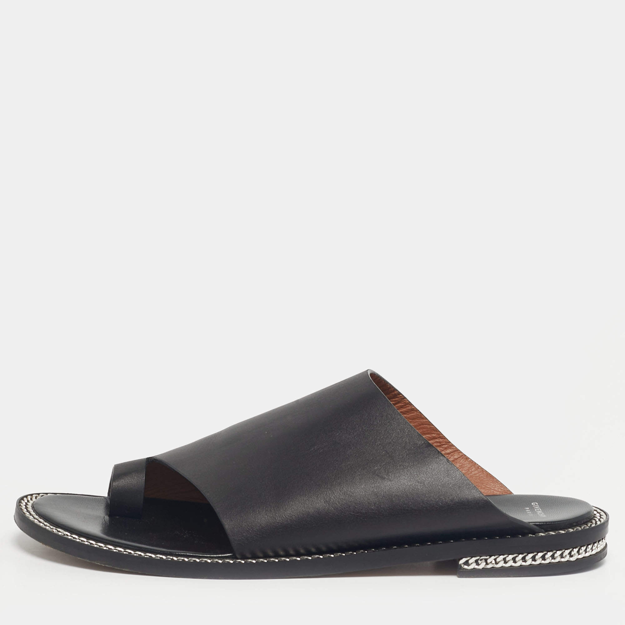 Pre Owned Givenchy Black Leather Chain Link Slide Sandals Size 41