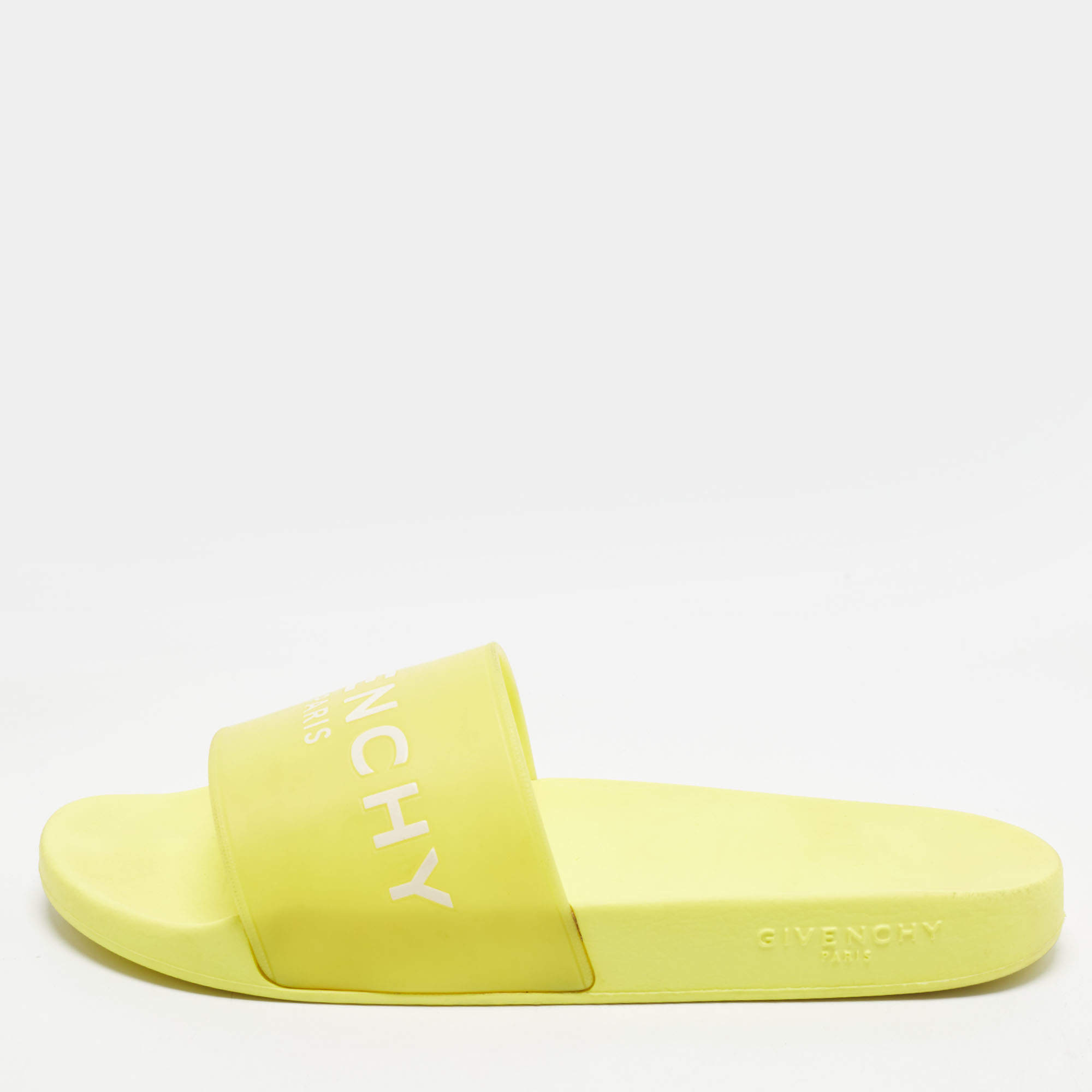 Pre Owned Givenchy Size 45 Yellow Rubber Logo Pool Slides 