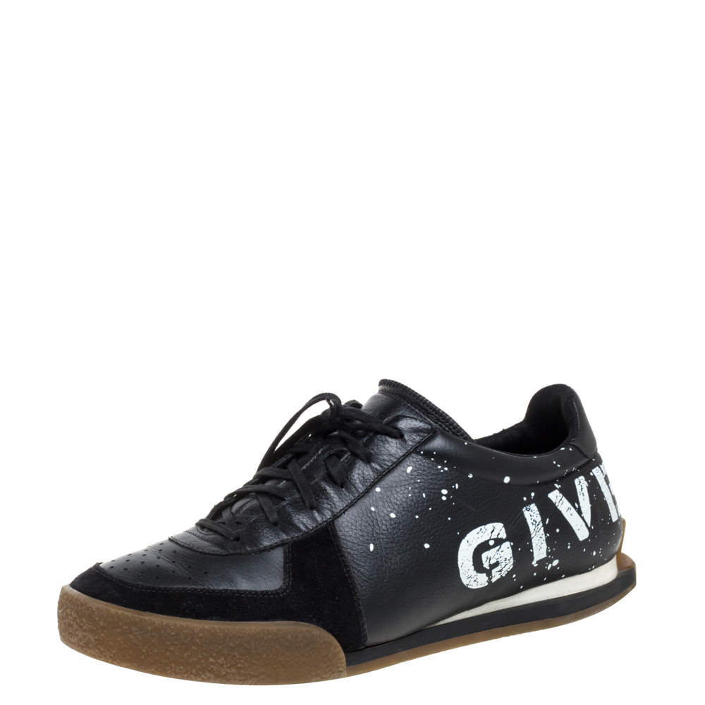 Givenchy Black Leather And Suede Logo Script Low Top Sneakers Size 42
