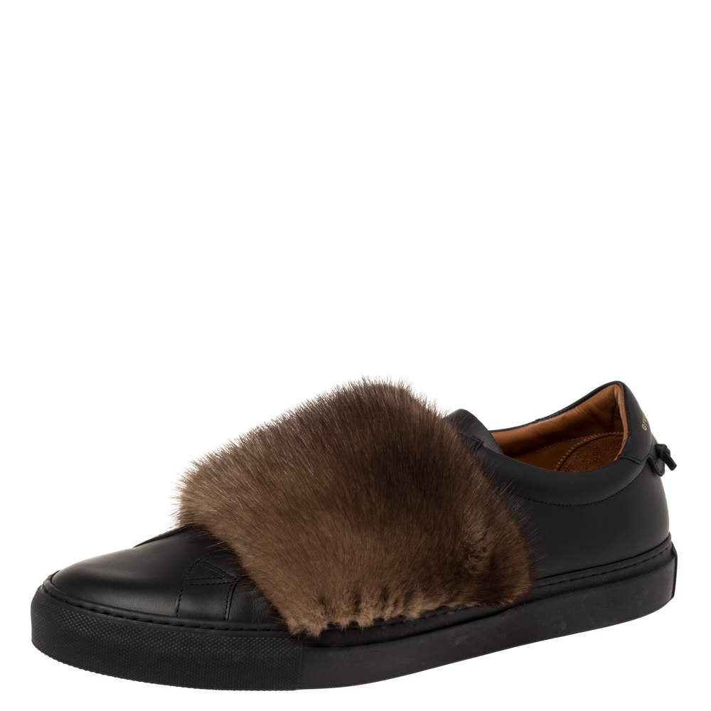 Pre Owned حذاء رياضي جيفنشي "يوربان ستريت" سليب أون فرو منك بني و جلد أسود مقاس 45