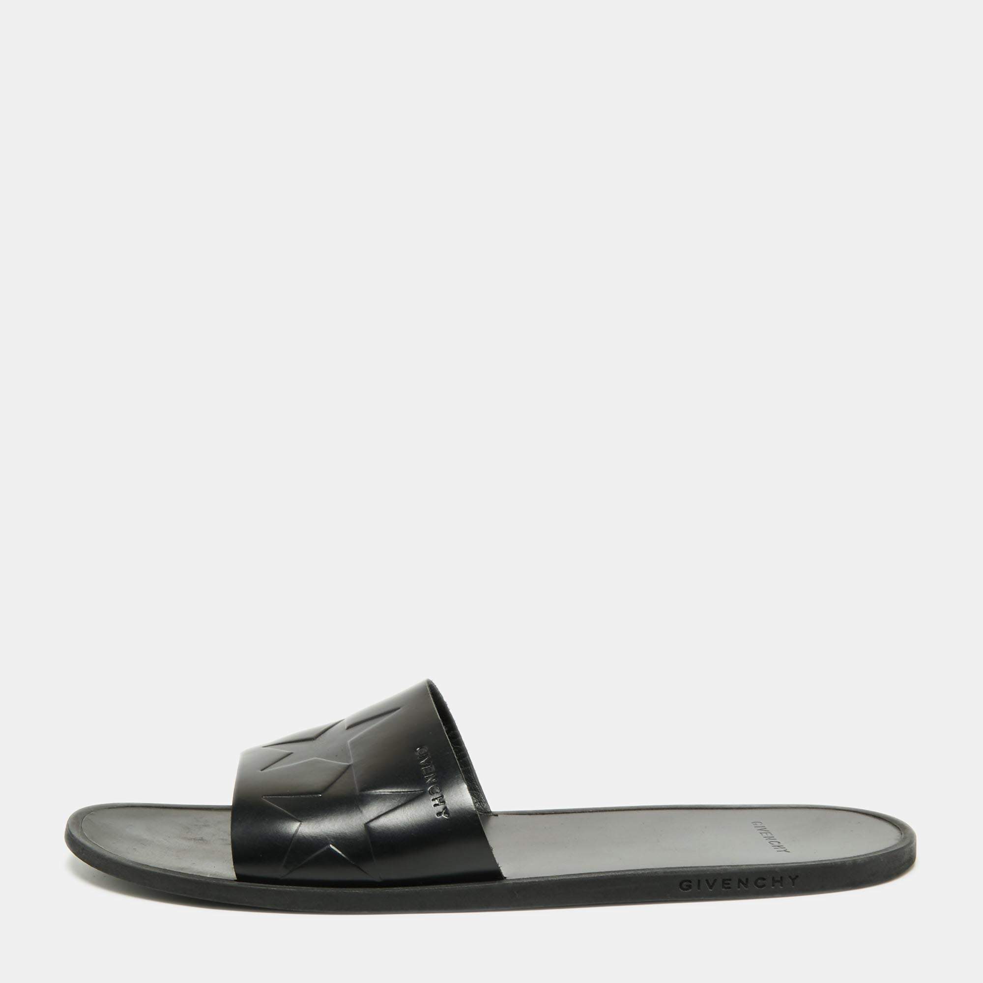Givenchy Black Leather Star Embossed Flat Slide Sandals Size 41