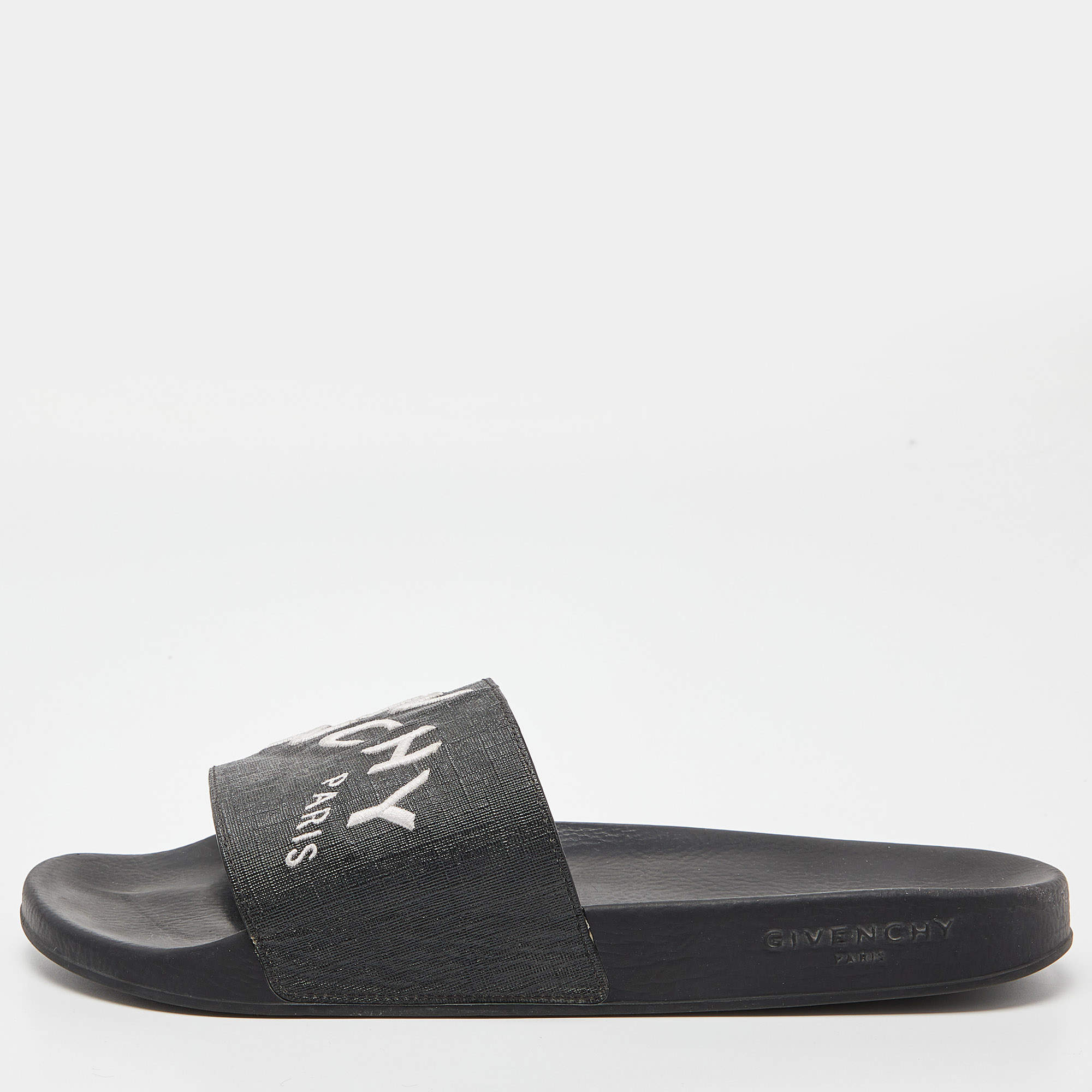 Givenchy Black Coated Canvas Embroidered Logo Slides Size 43