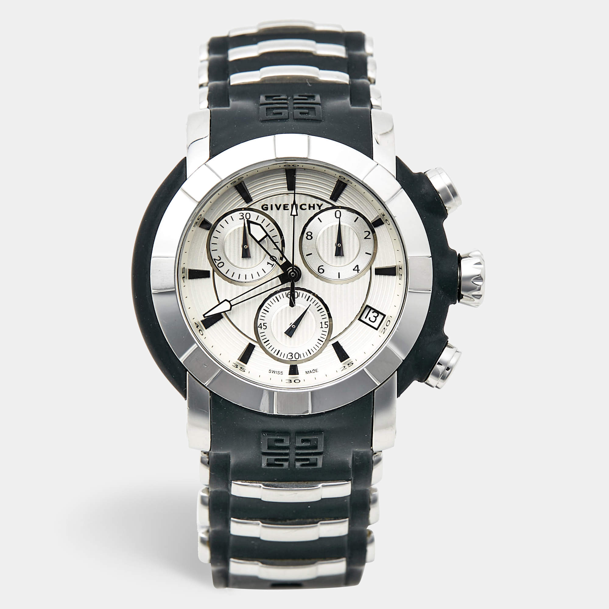 Pre Owned Givenchy GV.5213J Silver Dial Stainless Steel Rubber Men's Wristwatch 48 mm