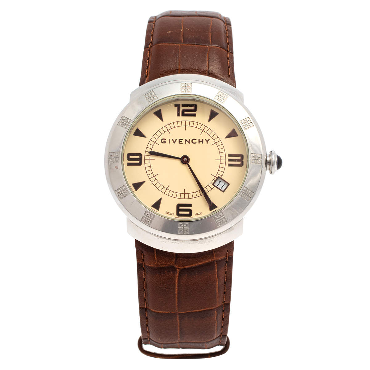 Pre Owned Givenchy Cream Stainless Steel Leather Apsaras 1558962 Men's Wristwatch 39 mm