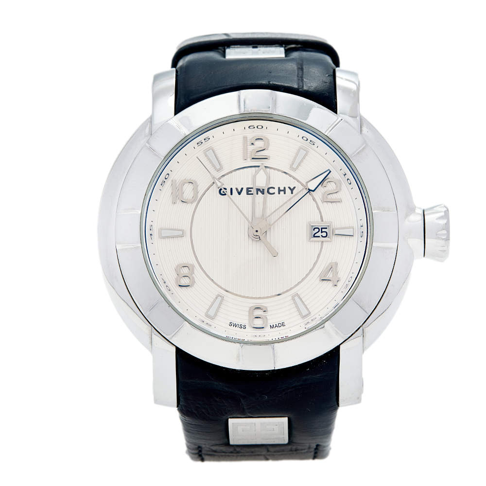 Pre Owned Givenchy White Stainless Steel Leather GV.5254J Men's Wristwatch 48 mm