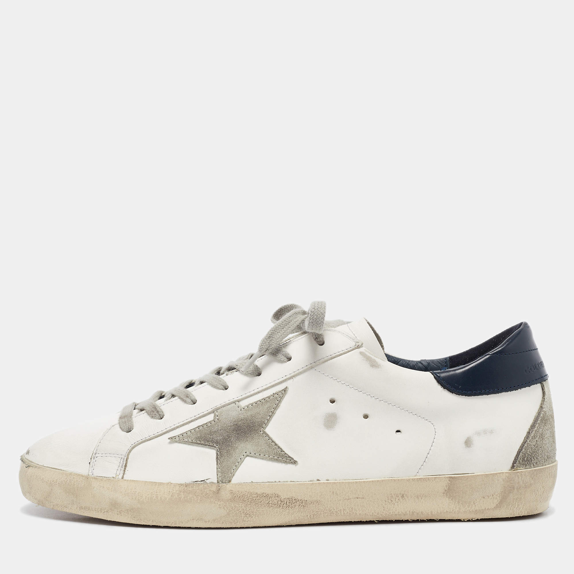 Pre Owned Golden Goose White/Grey Leather and Suede Super Star Low Top Sneakers Size 45