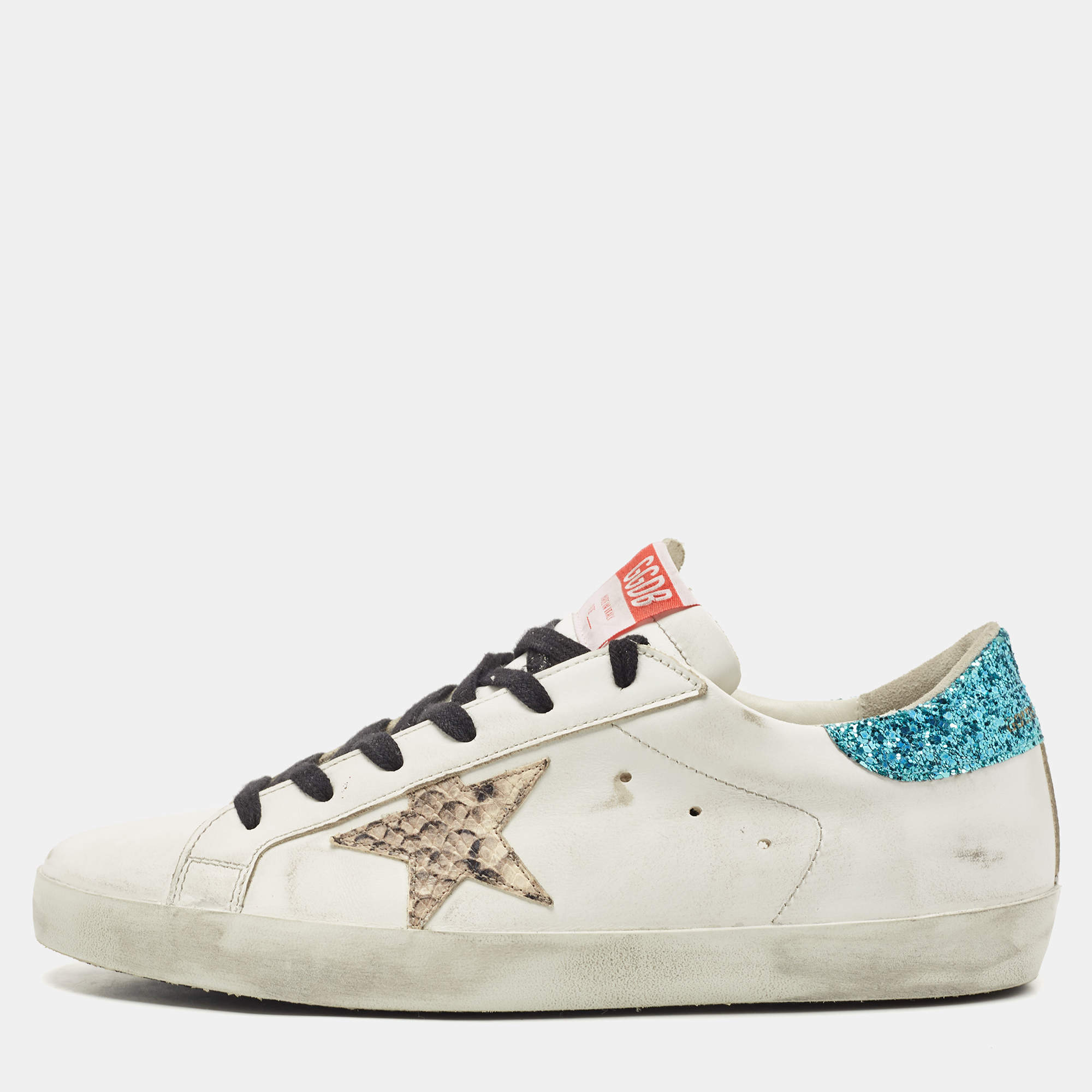 Pre Owned Golden Goose White Leather and Glitter Low Top Sneakers Size 42