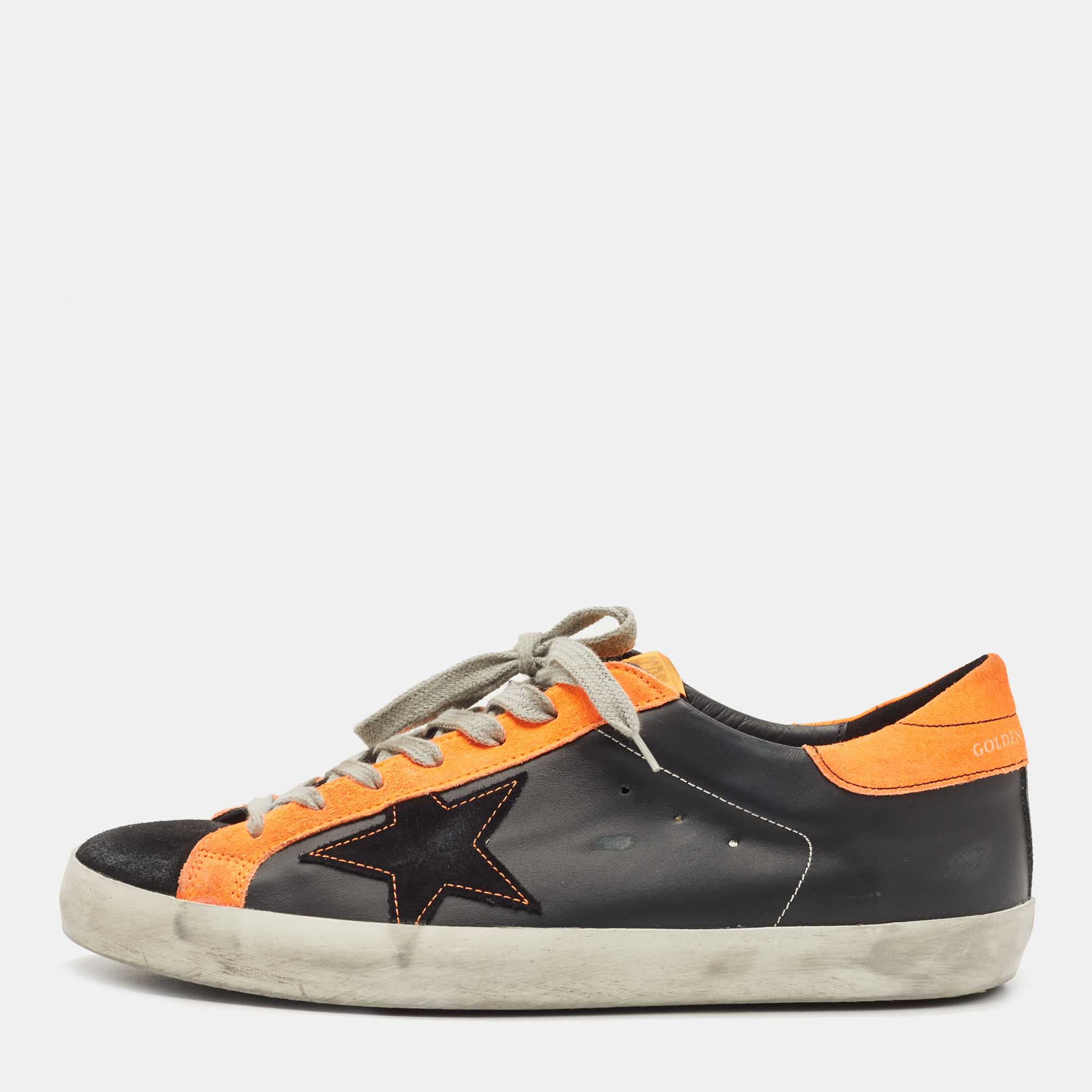 Golden Goose Neon Orange/Black Leather and Suede Superstar Low Top Sneakers Size 43