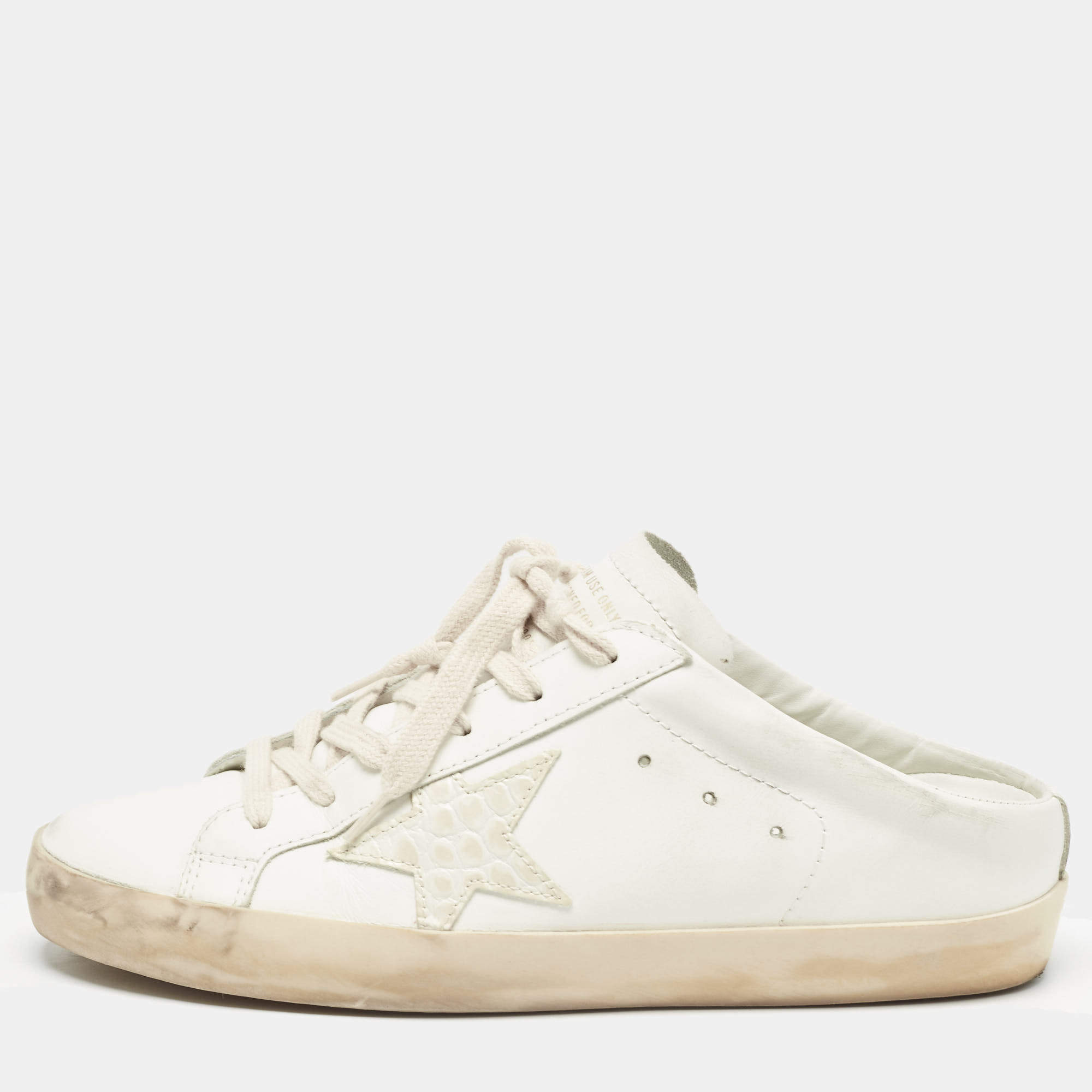 Pre Owned Golden Goose White Leather and Croc Embossed Superstar Sneaker Mules Size 39