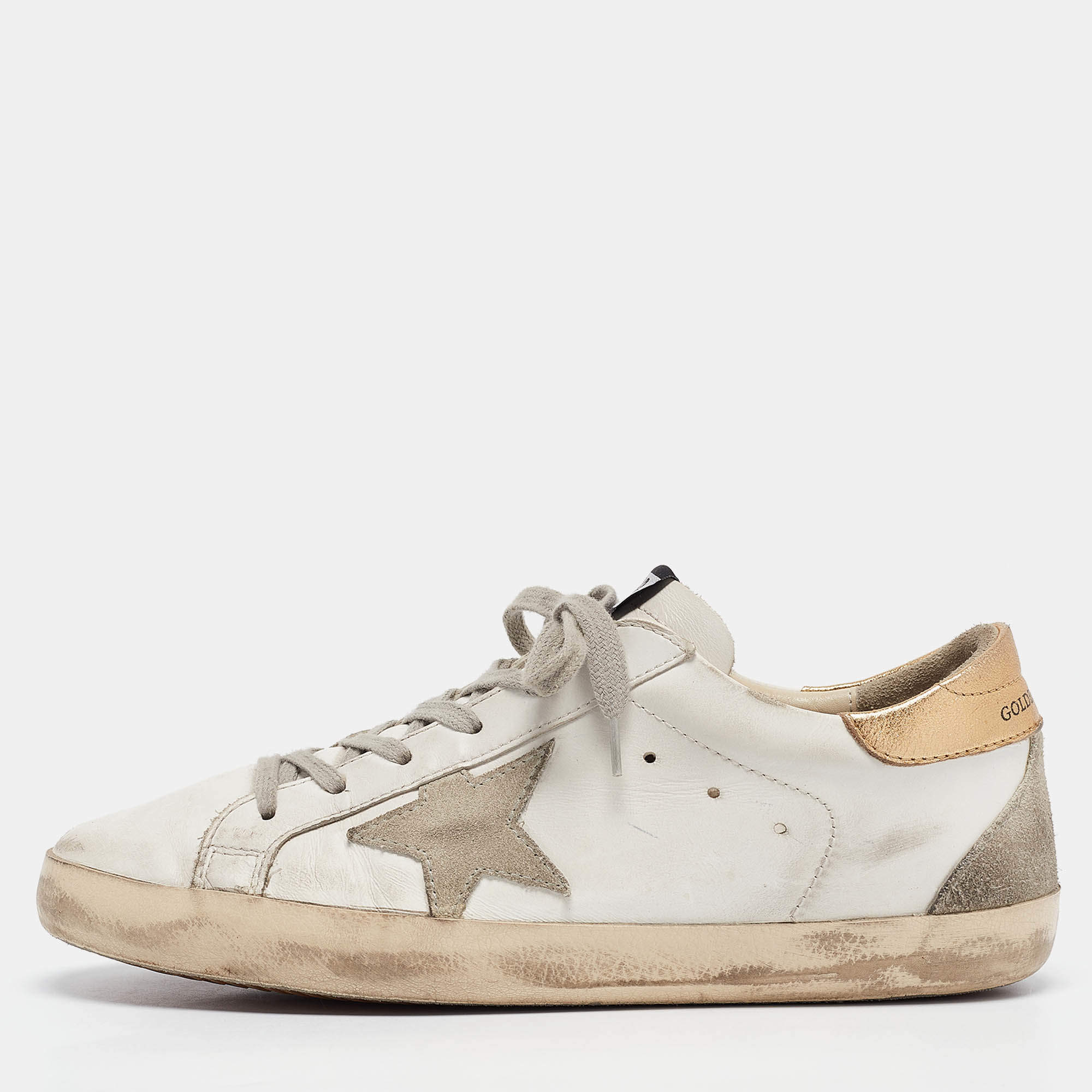 Pre Owned Golden Goose White/Gold Leather and Suede Superstar Low Top Sneakers Size 40