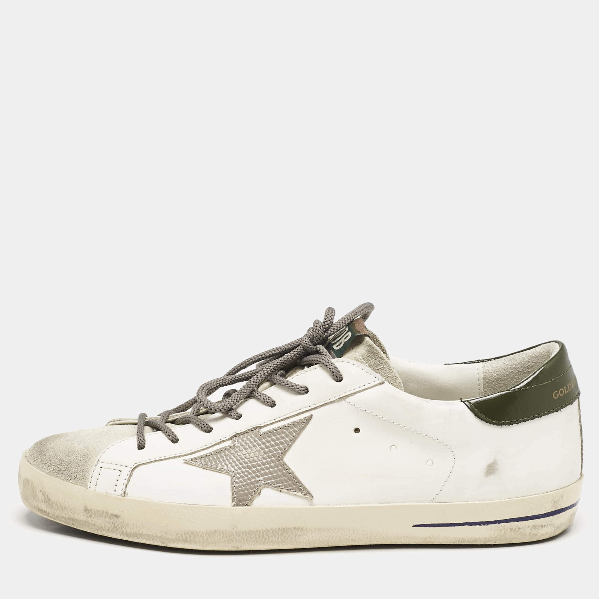 Golden Goose White/Green Leather and Suede Super Star Sneakers Size 43