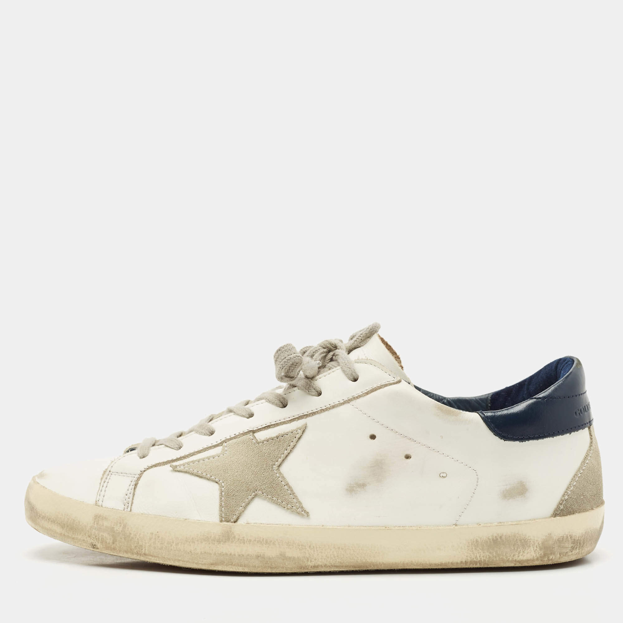 Pre Owned Golden Goose White/Navy Blue Leather Super Star Sneakers Size 42