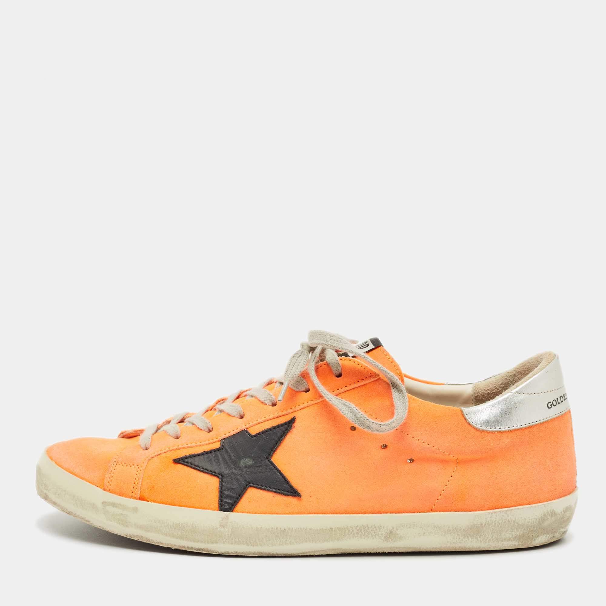 Pre Owned Golden Goose Orange Leather and Nubuck Leather Superstar Low Top Sneakers Size 44