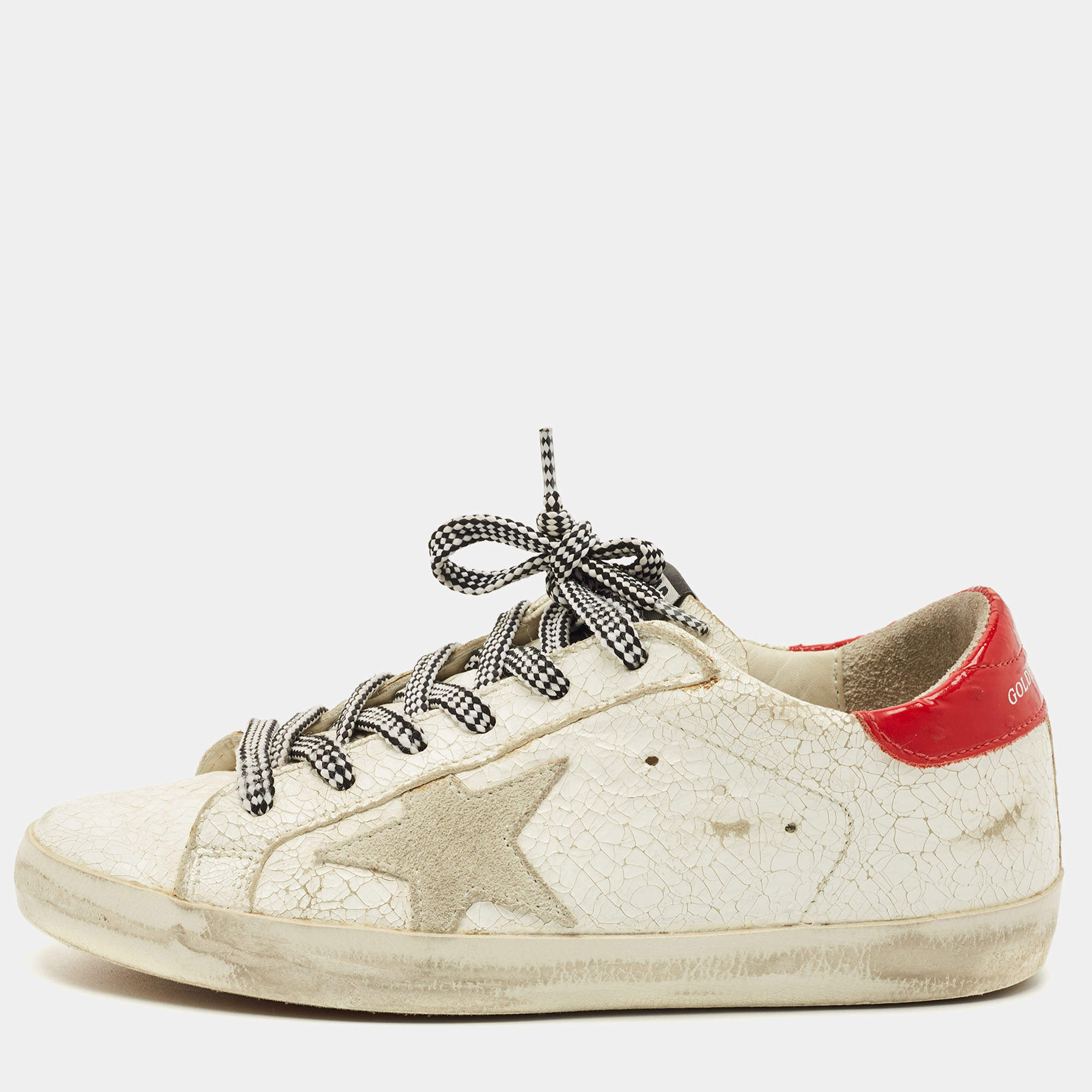 Pre Owned Golden Goose White Leather and Patent Leather Super Star Lace Up Sneakers Size 37