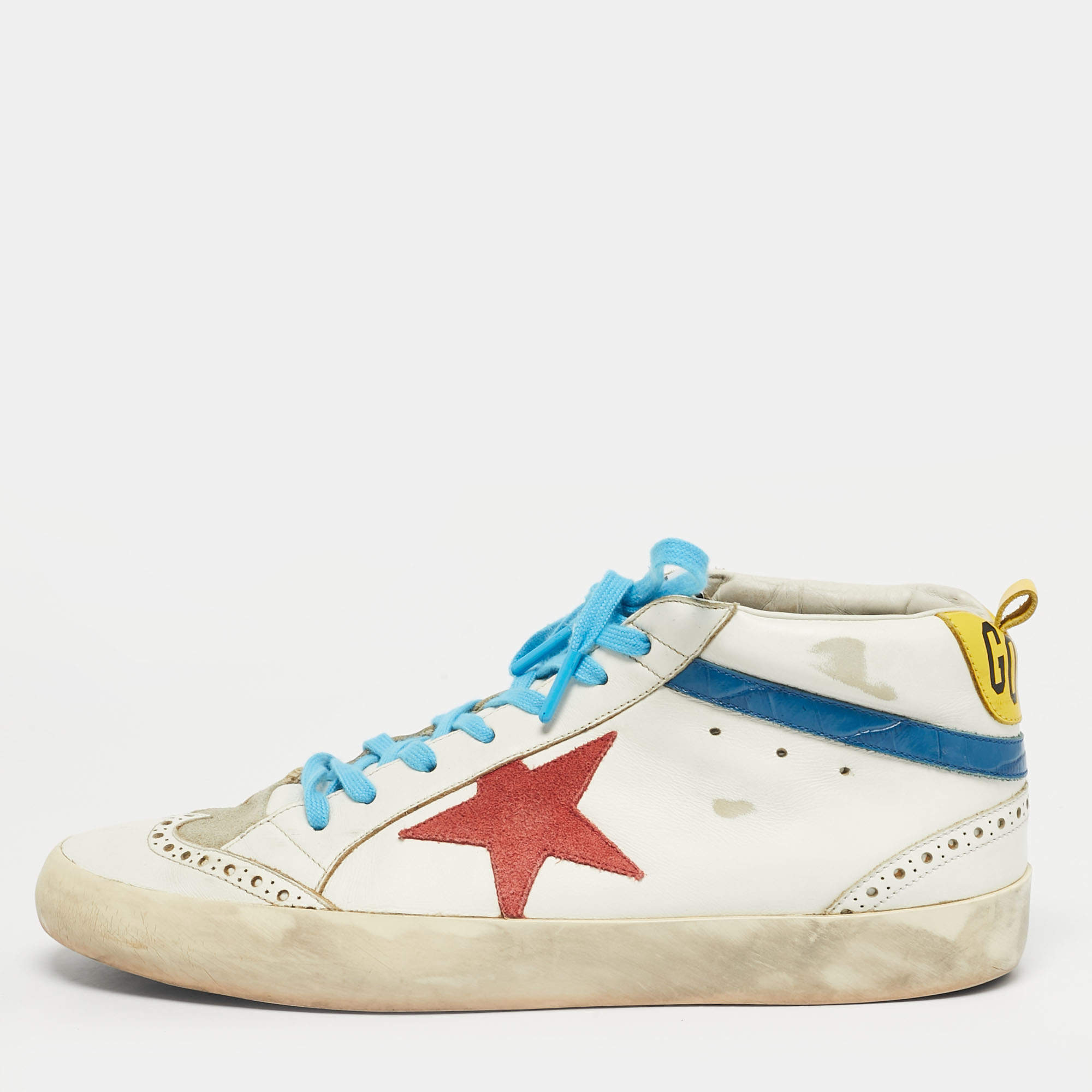 Pre Owned Golden Goose White Croc Embossed Leather and Leather mid star Mid Top Sneakers Size 43