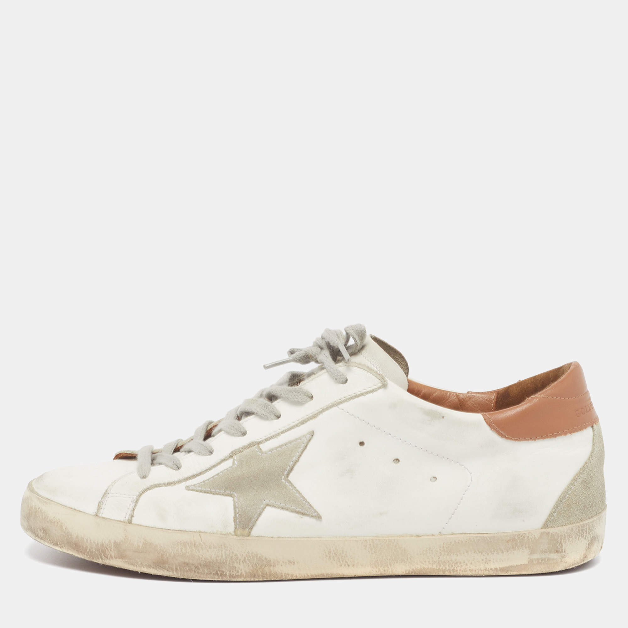 Pre Owned Golden Goose Superstar Size 44 White/Grey Leather and Suede Lace Up Sneakers