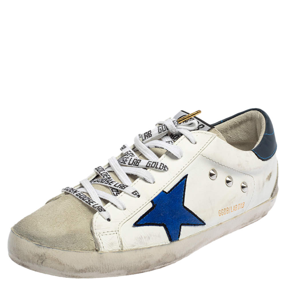 Pre Owned  Golden Goose White/Blue Leather and Suede Superstar Golden Day Sneakers Size 42