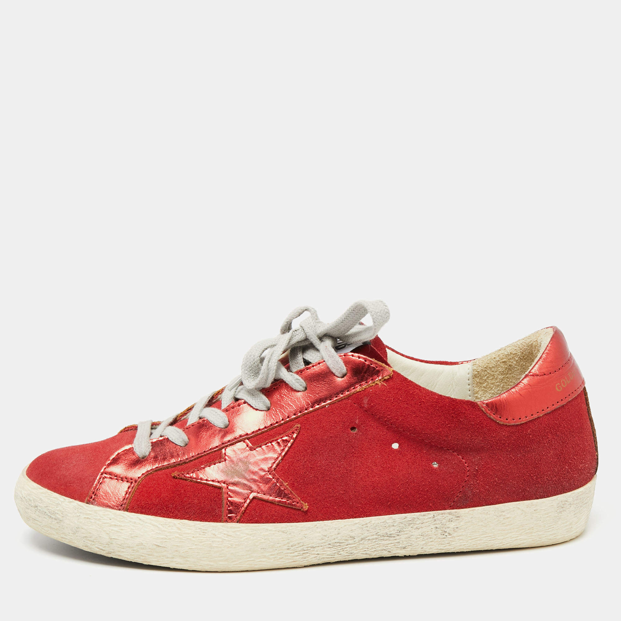 Pre Owned Golden Goose Red Suede And Leather Superstar Lace Up Sneakers Size 41