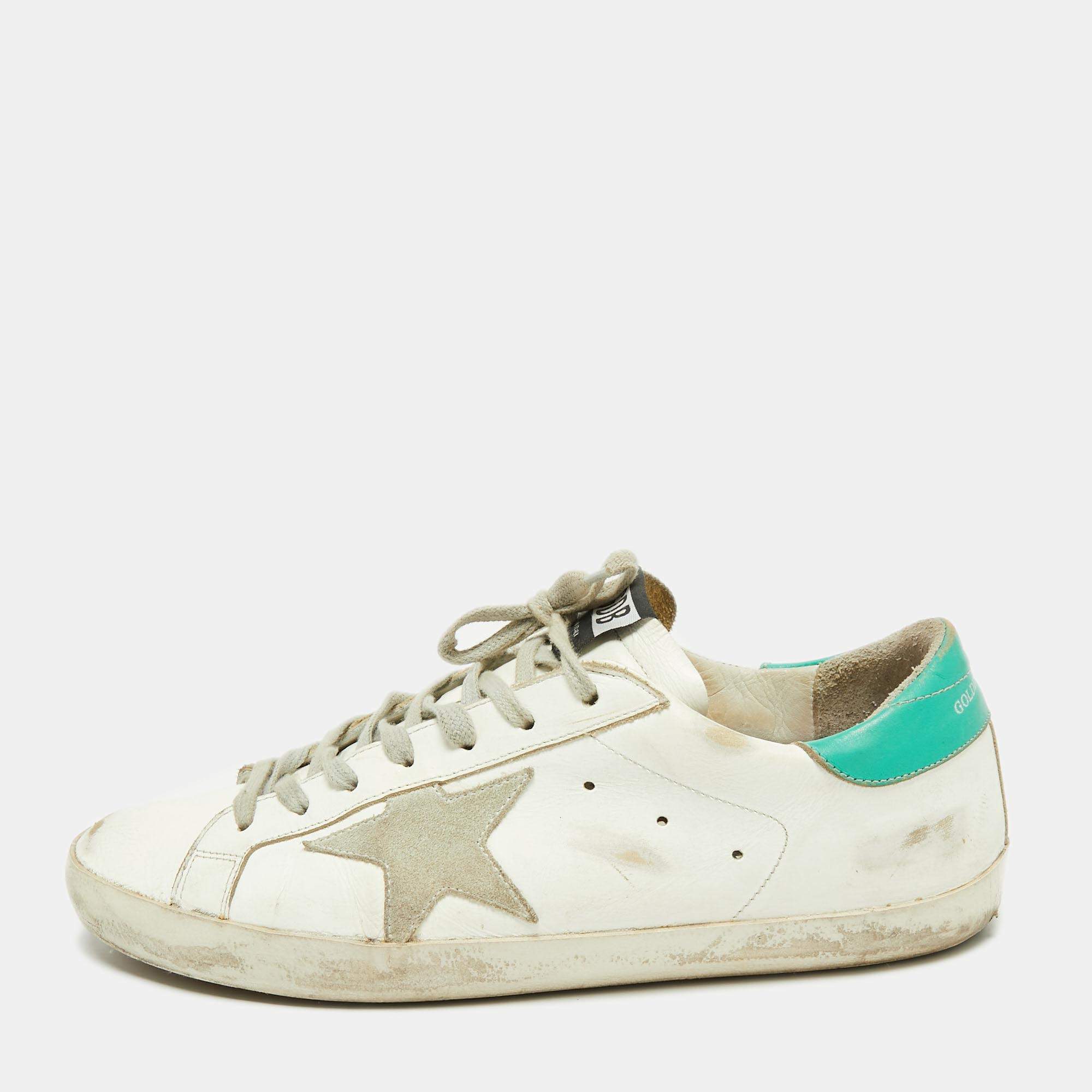 Pre Owned Golden Goose White/Green Leather And Suede Superstar Sneakers Size 42