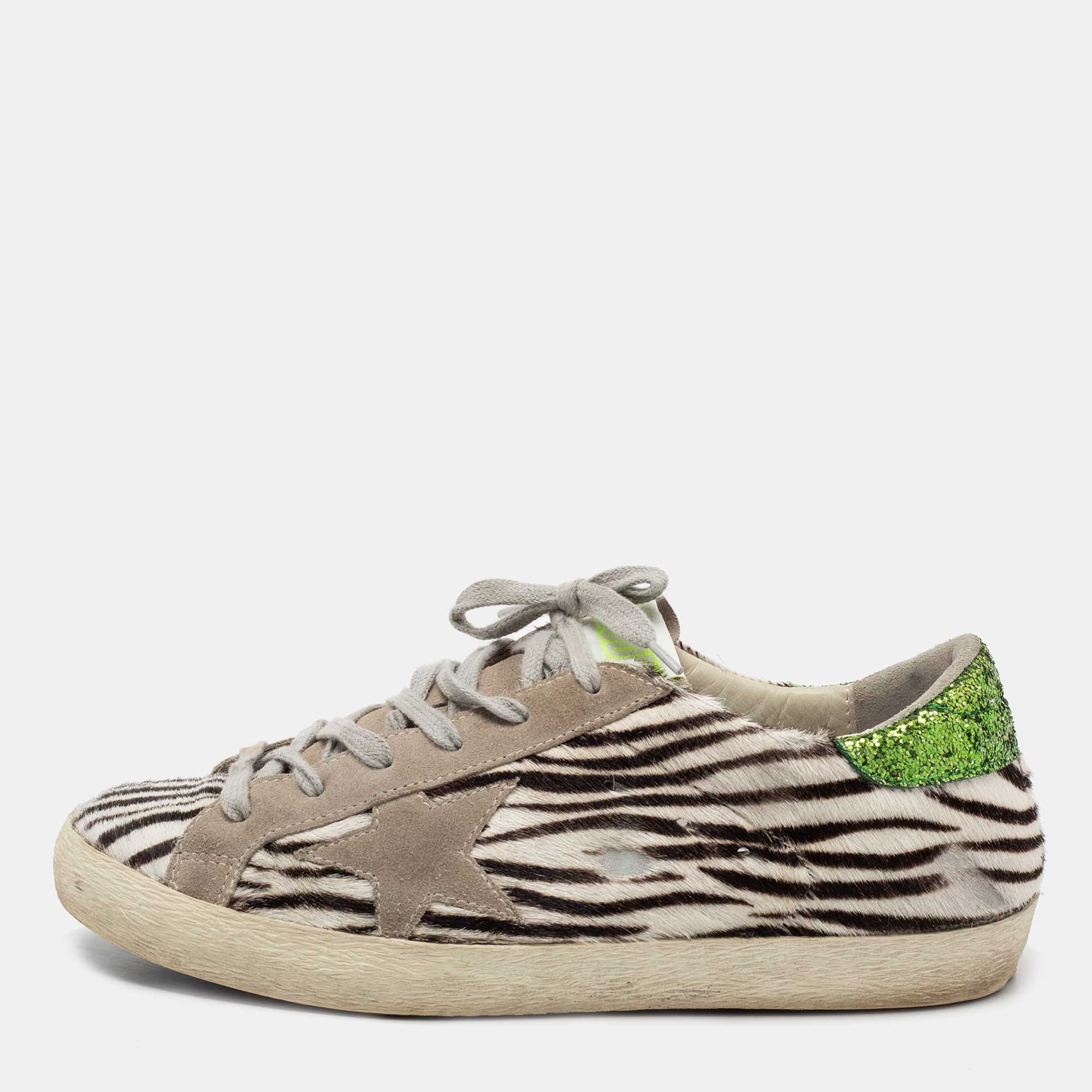 Pre Owned Golden Goose Tri-Color Calf Hair and Glitter Superstar Low-Top Sneakers Size 40