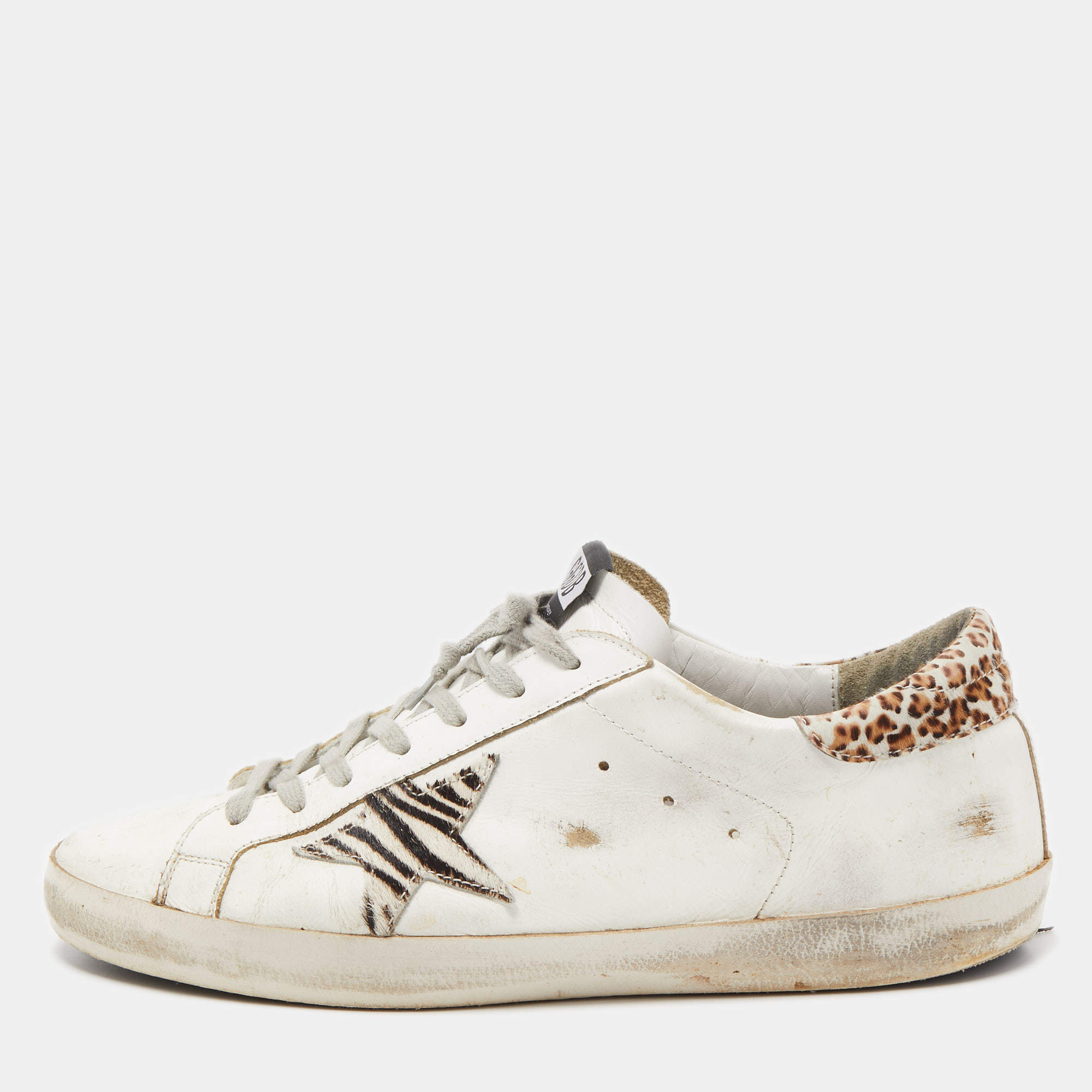 Pre Owned Golden Goose White/Brown Leather and Leopard Print Calf Hair Superstar Sneakers Size 45