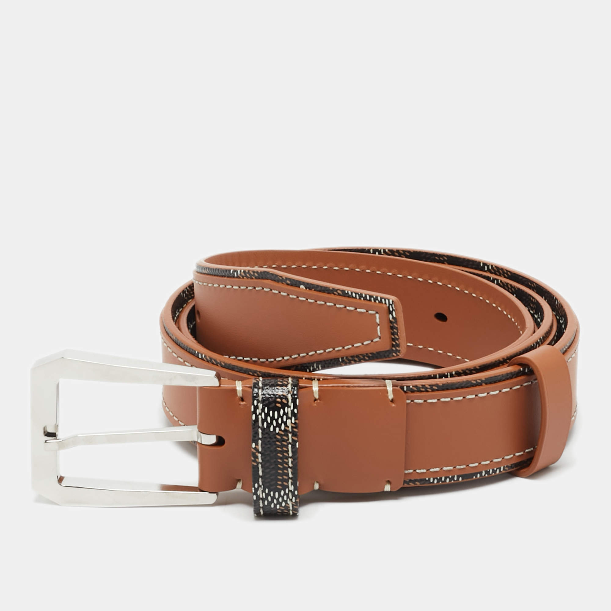 Pre Owned Goyard Fregate 85 CM Buckle Belt Brown Goyardine Coated Canvas and Leather