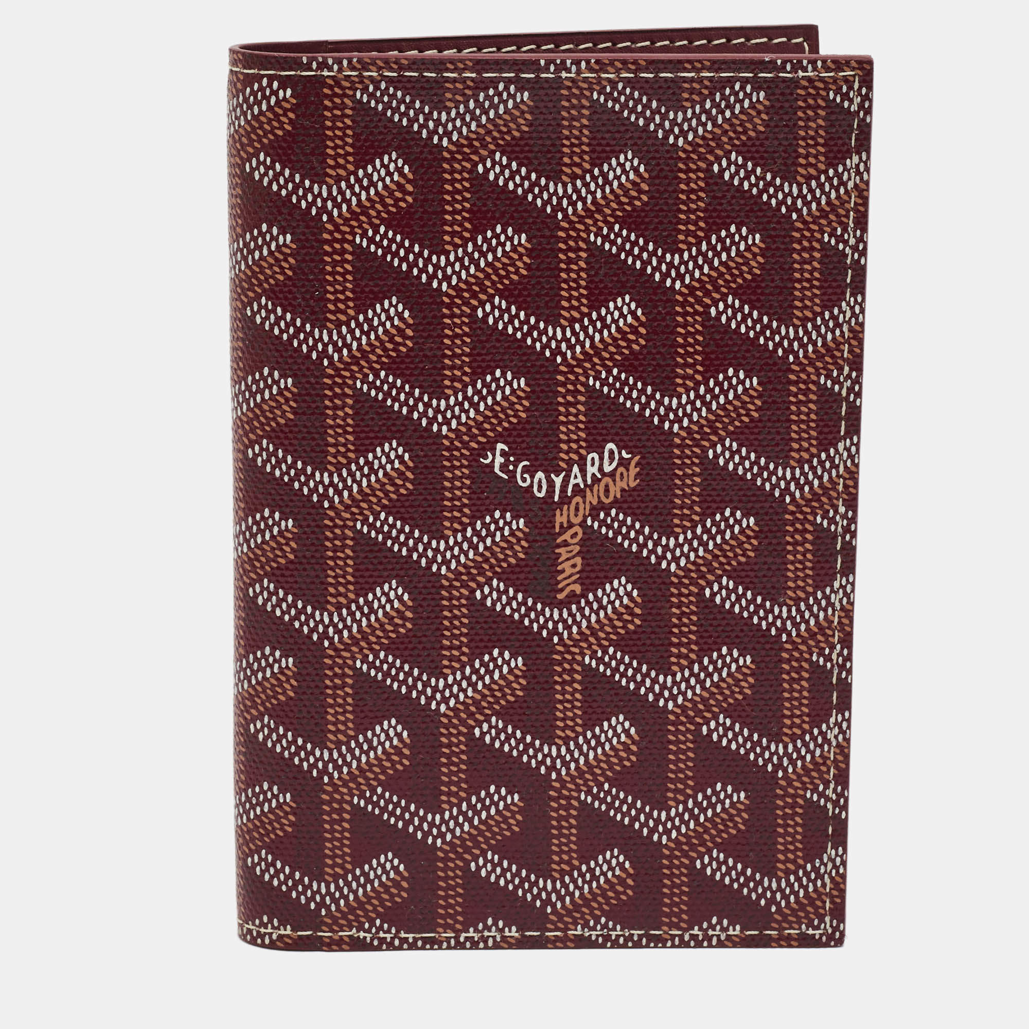 Pre Owned Goyard Grenelle Passport Holder Burgundy Goyardine Coated Canvas