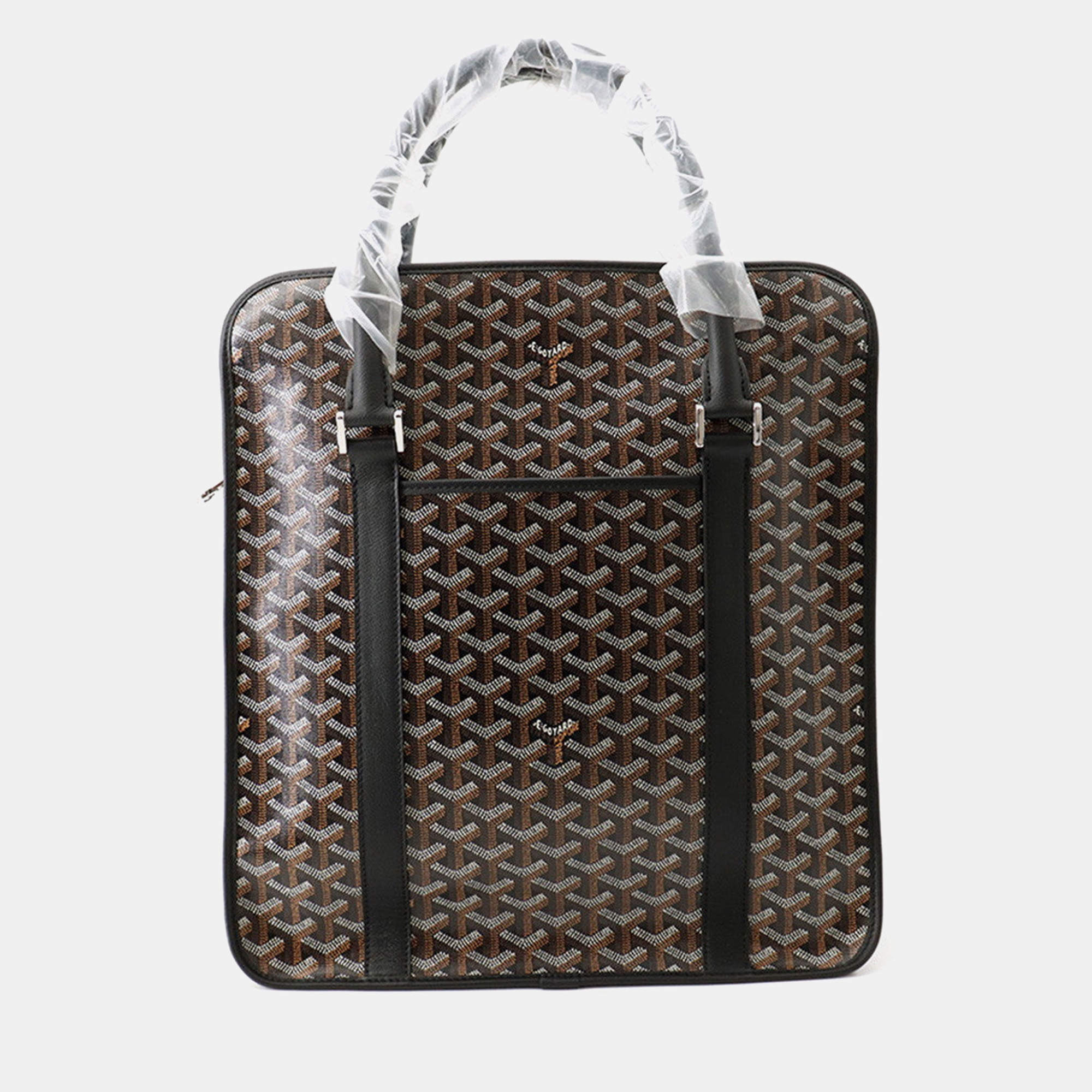 Pre Owned Goyard Bourgomme Tote Black Brown White Goyardine Canvas Leather Briefcase Bag