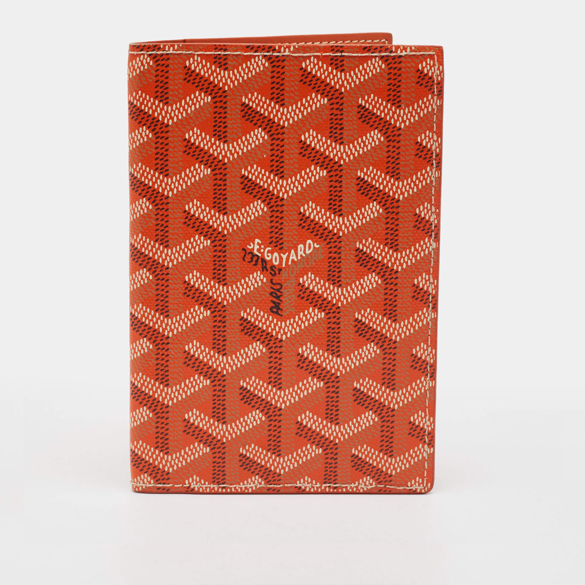 Pre Owned Goyard Grenelle Passport Cover Orange Goyardine Coated Canvas 