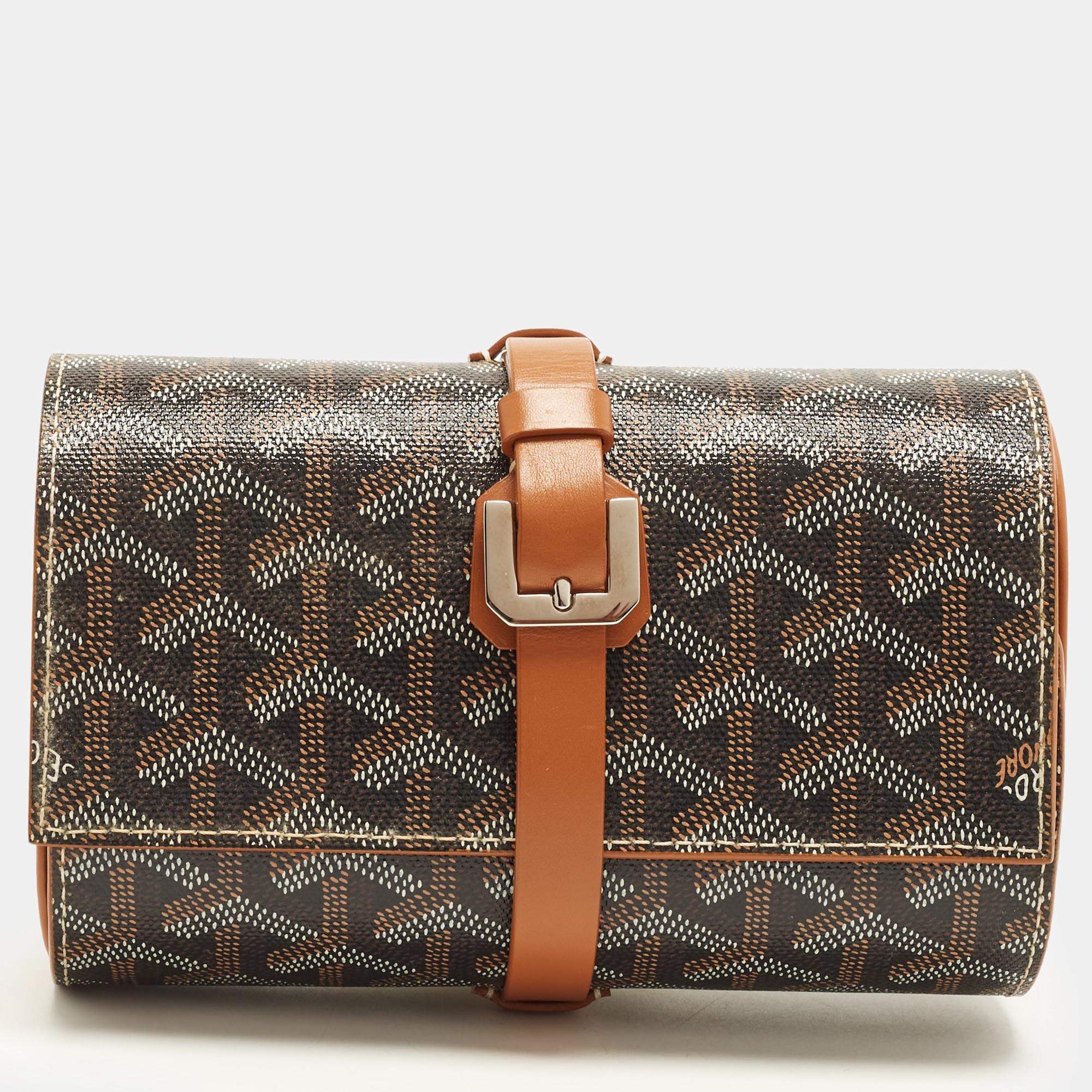 Pre Owned Goyard Double Travel Watch Case Brown Goyardine Coated Canvas and Leather