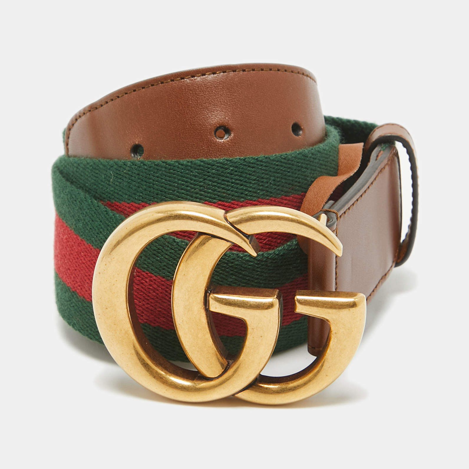 Gucci Brown Web Canvas and Leather GG Marmont Buckle Belt 95CM