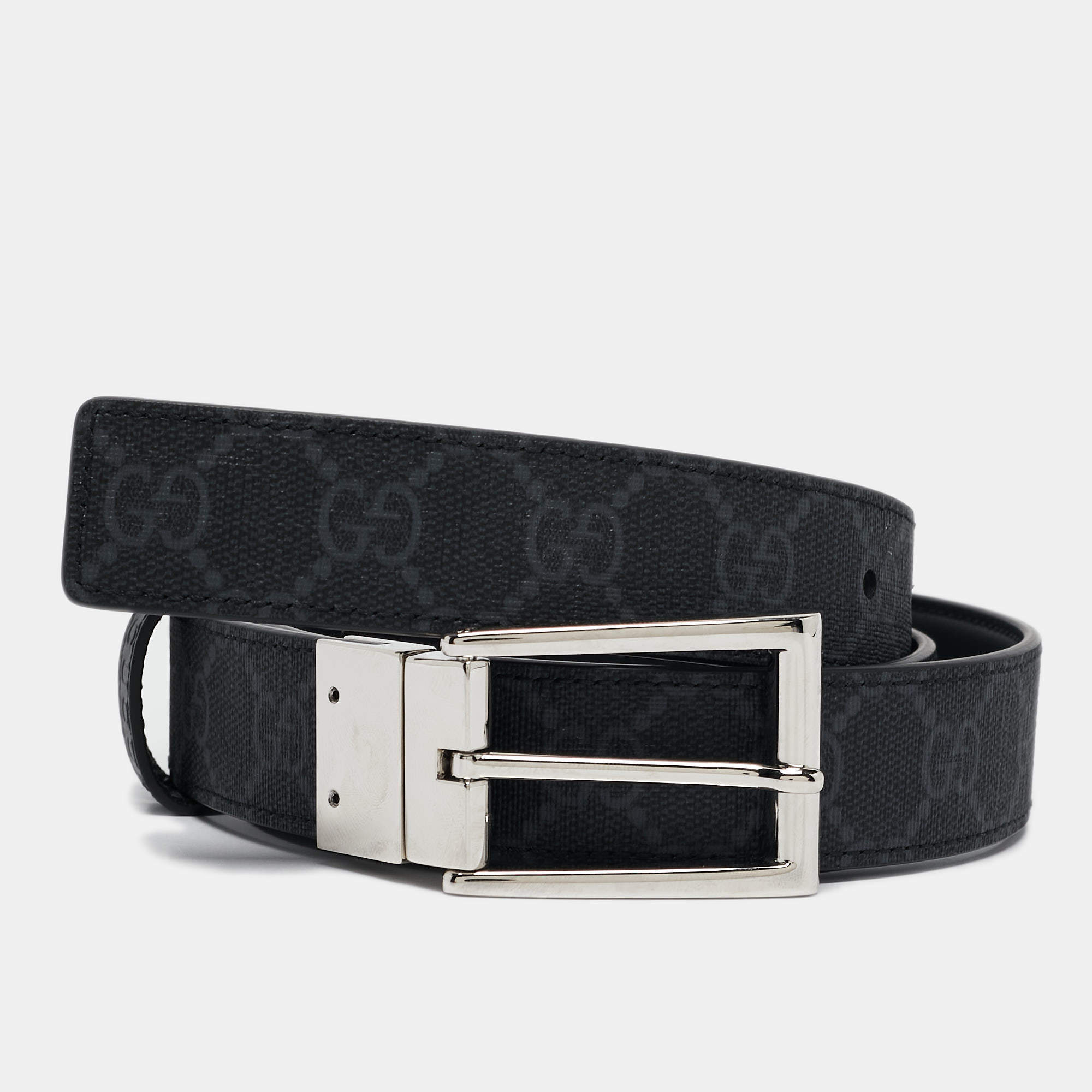 Pre Owned Gucci Black GG Supreme Canvas and Leather Buckle Reversible Belt 100CM