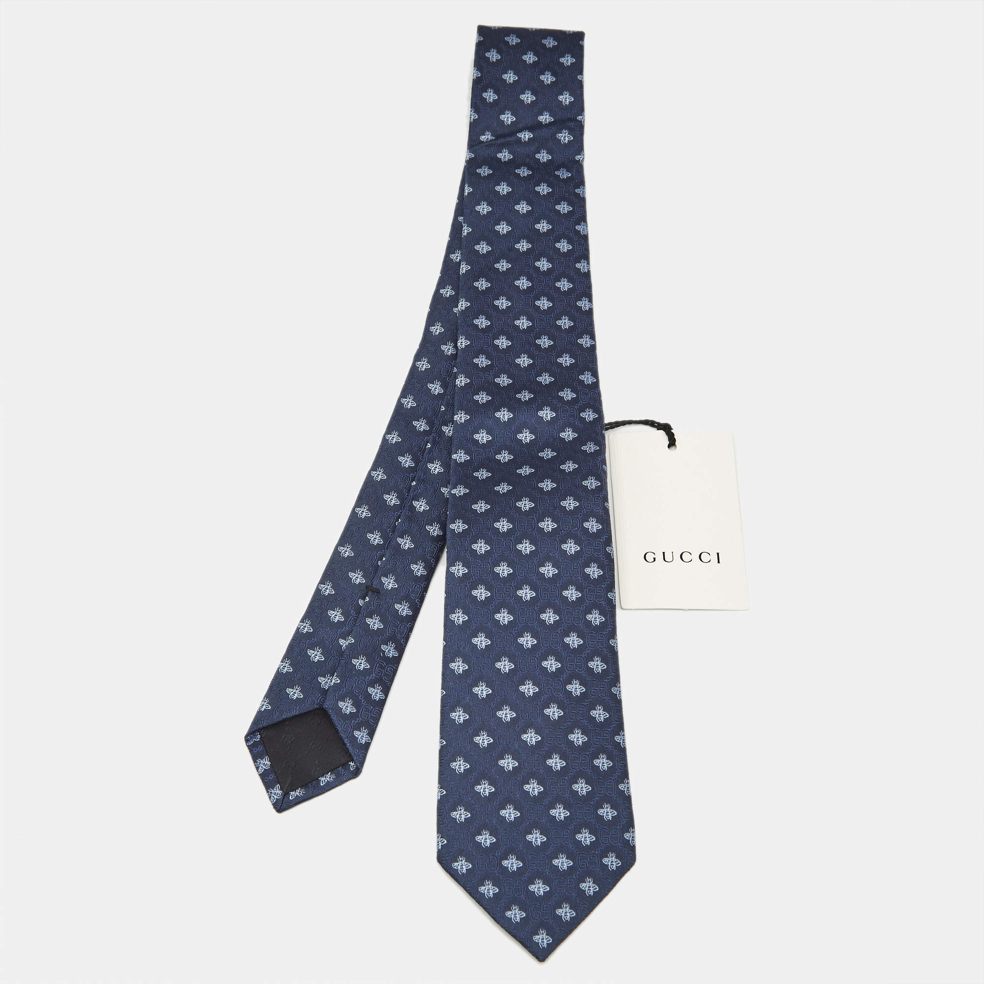 Pre Owned Gucci Navy Blue Logo Silk Jacquard Bee Detail TIe