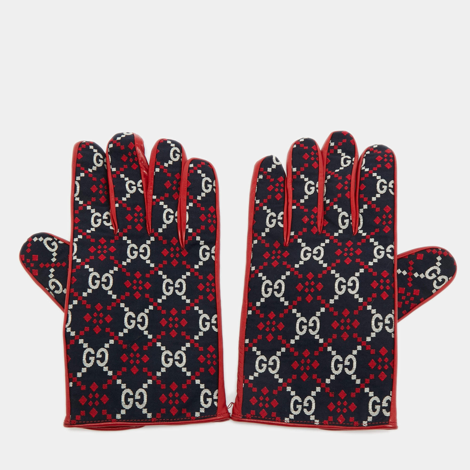 Pre Owned Gucci Gloves L Navy Blue/Red Diamond GG Canvas and Leather 10.5 / L