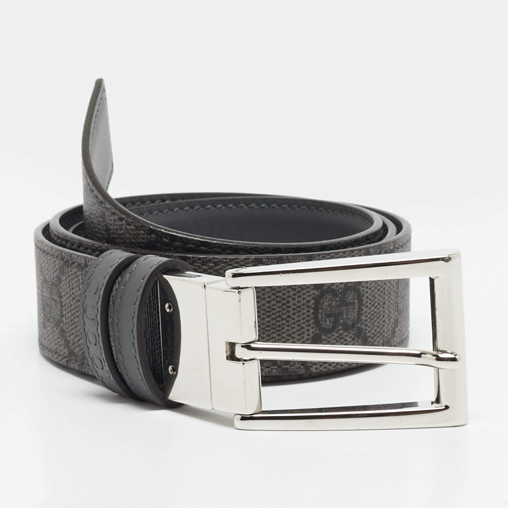 Pre Owned Gucci 85 CM Reversible Rectangular Buckle Belt Grey GG Supreme Canvas and Leather