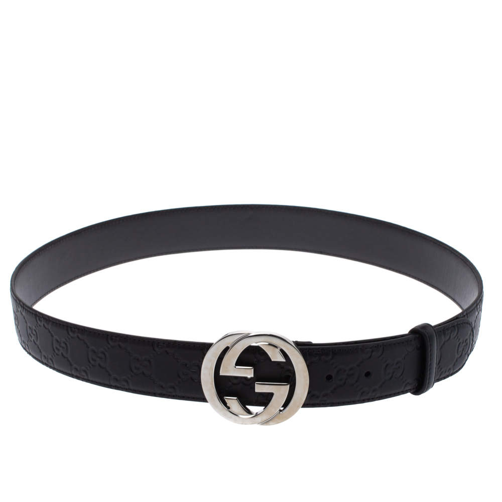 Pre Owned Gucci Black Guccissima Leather Interlocking G Buckle Belt 100CM