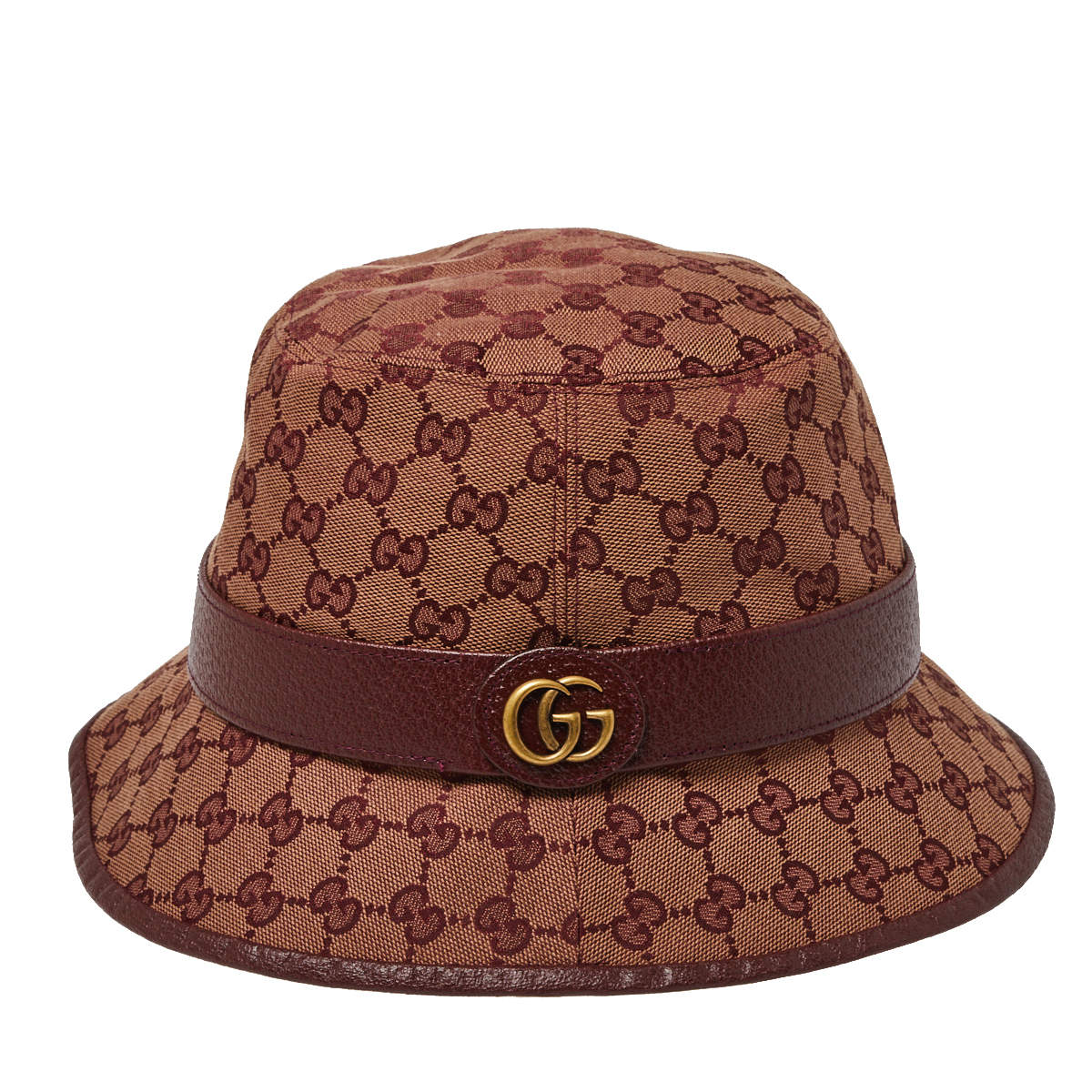 Gucci Burgundy Monogram Canvas Leather Trim Bucket Hat L