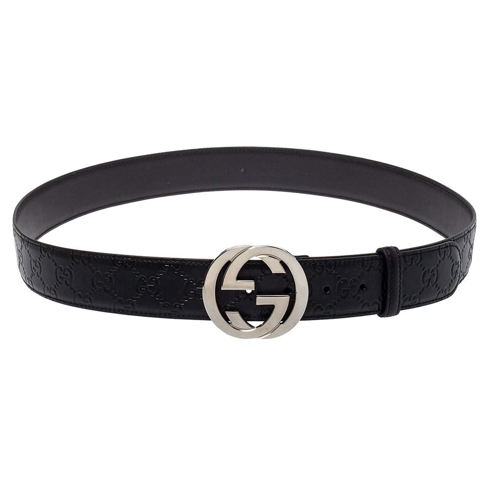 مملوكة مسبقًا Gucci Black Guccissima Leather Interlocking G Buckle Belt 110CM