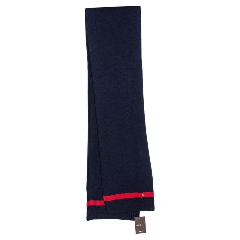 Gucci Navy Blue Web Stripe Newporte Wool Muffler 