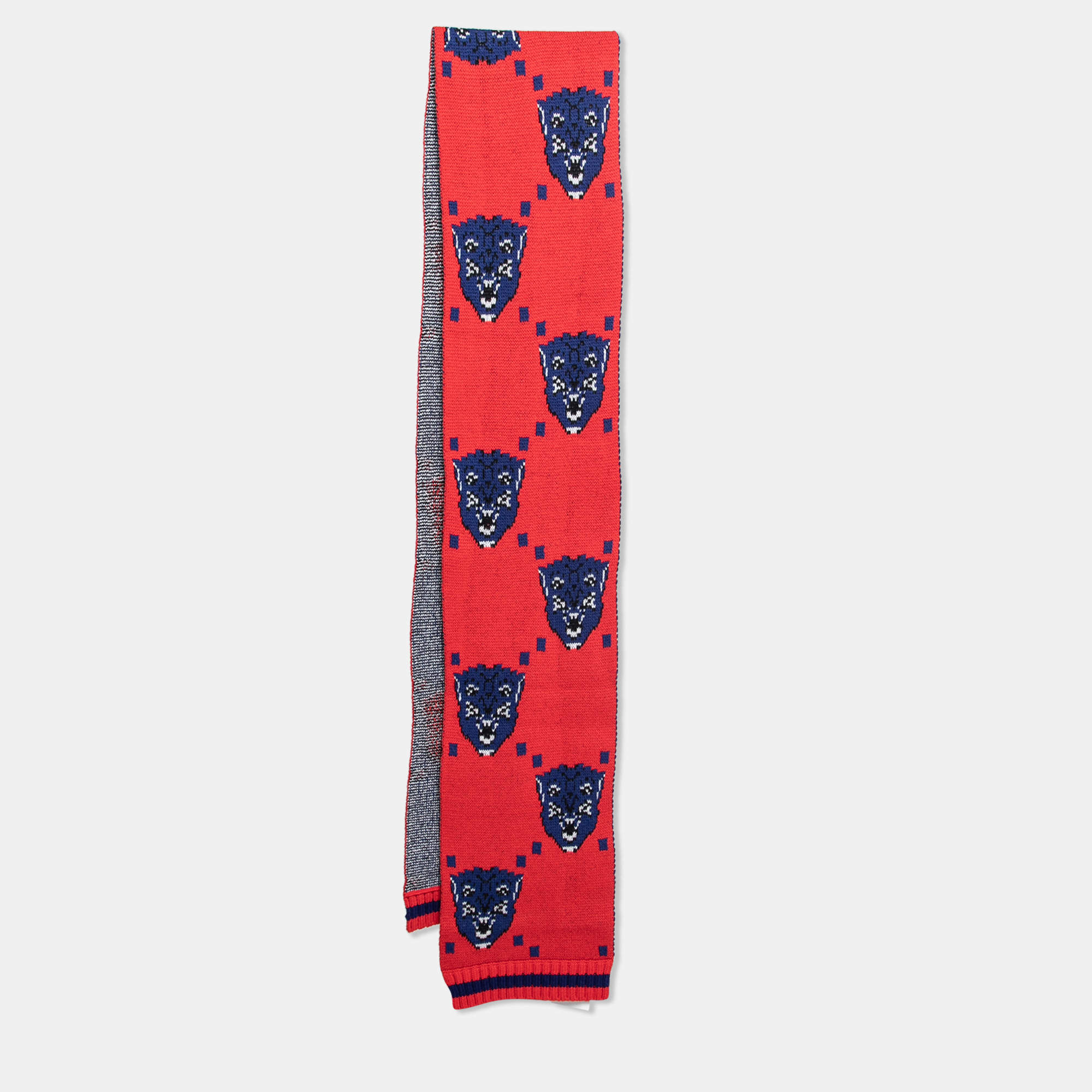 Pre Owned Gucci Red Bengal Tiger Jacquard Knit Wool Scarf 