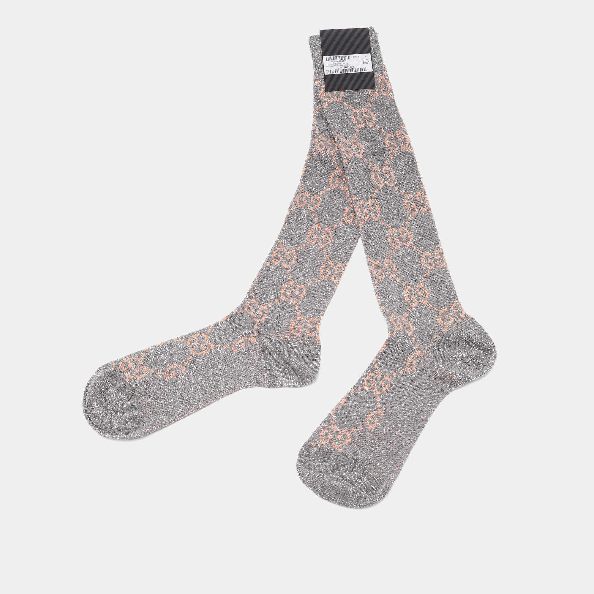 Pre Owned Gucci Silver & Beige Logo Monogram Lurex Knit Knee High Socks S (8)