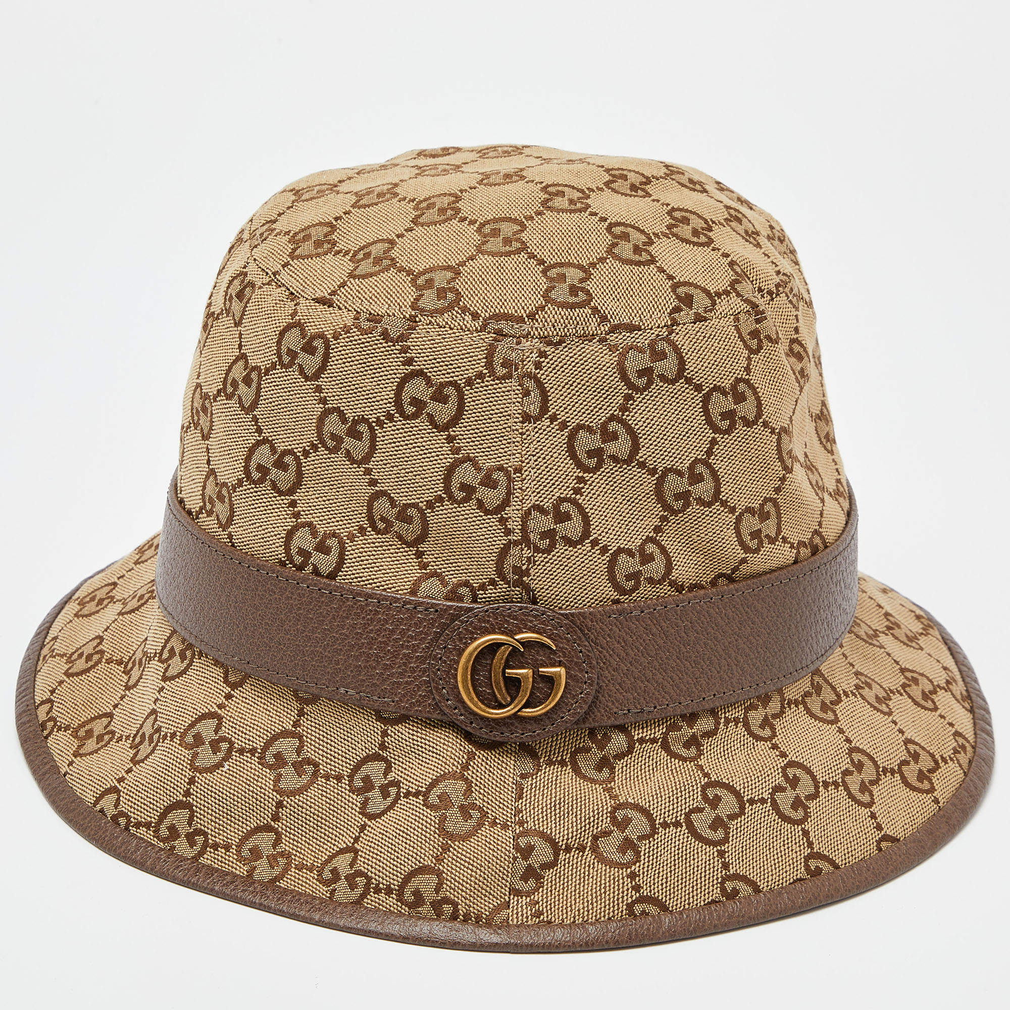 Pre Owned Gucci Brown GG Monogram Leather Trim Canvas Bucket Hat L