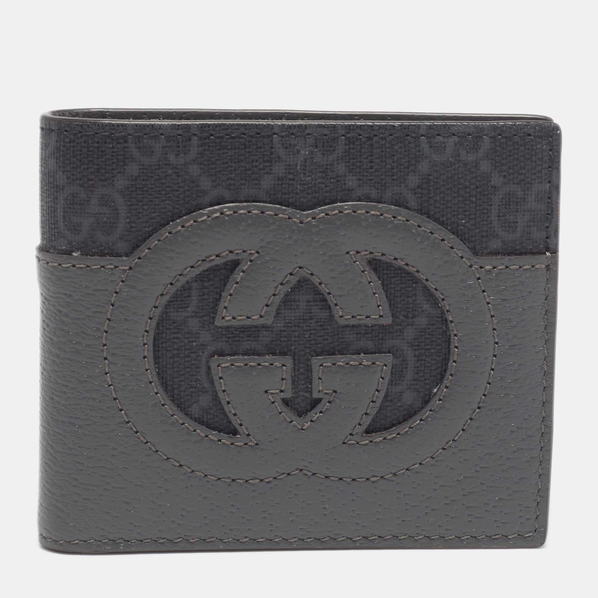 Pre Owned Gucci Grey GG Supreme Canvas and Leather Cut-Out Interlocking G Bifold Wallet