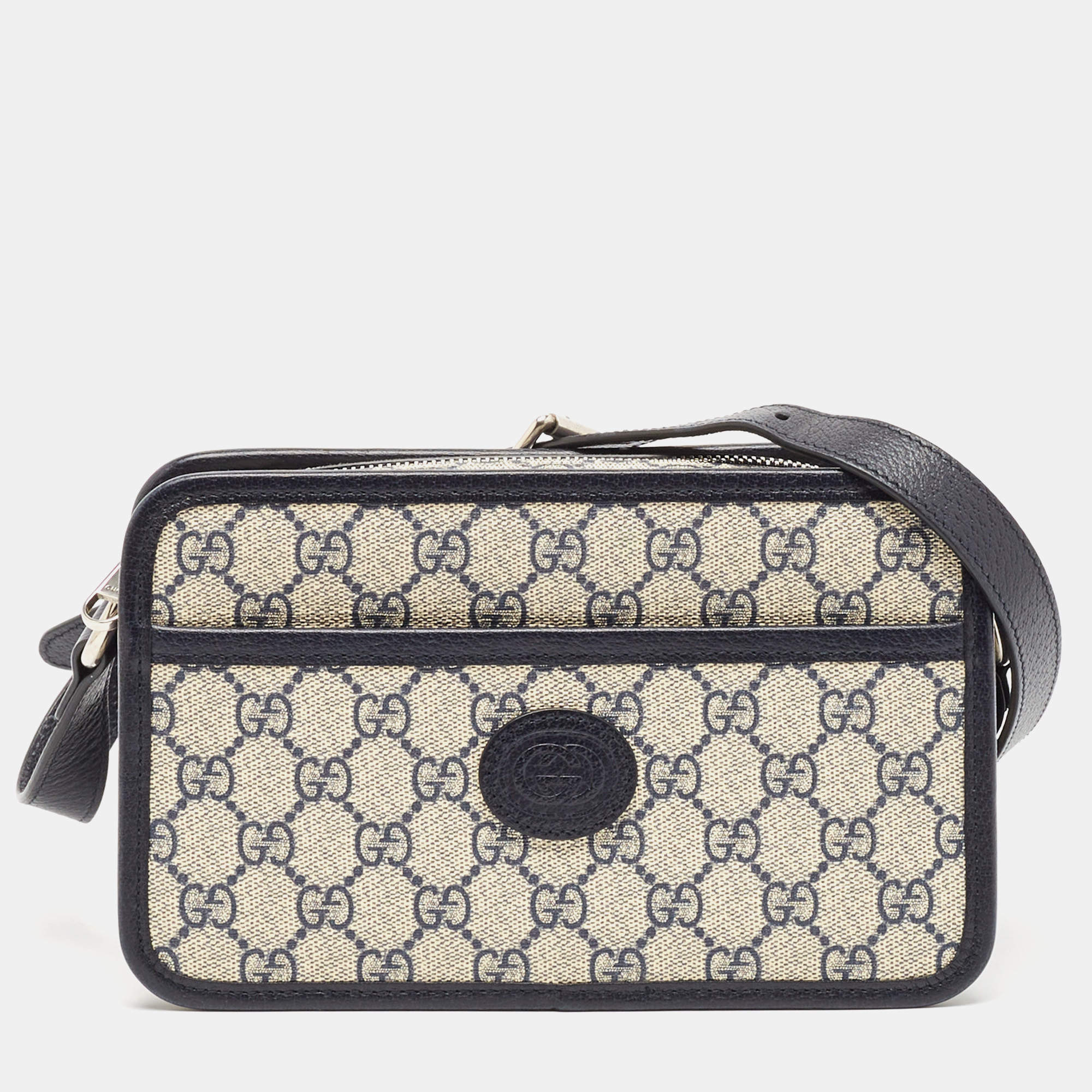 Pre Owned Gucci Beige/Blue GG Supreme Canvas and Leather Mini Interlocking G Shoulder Bag