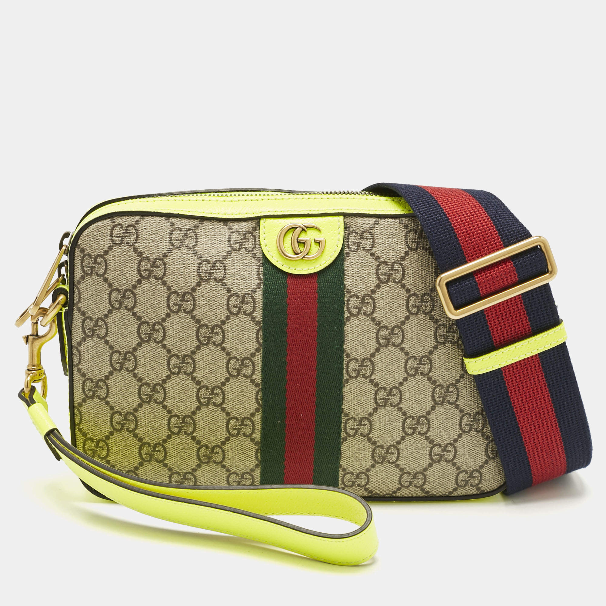 Pre Owned Gucci Neon Green/Beie GG Supreme Canvas and Leather Ophidia Crossbody Bag