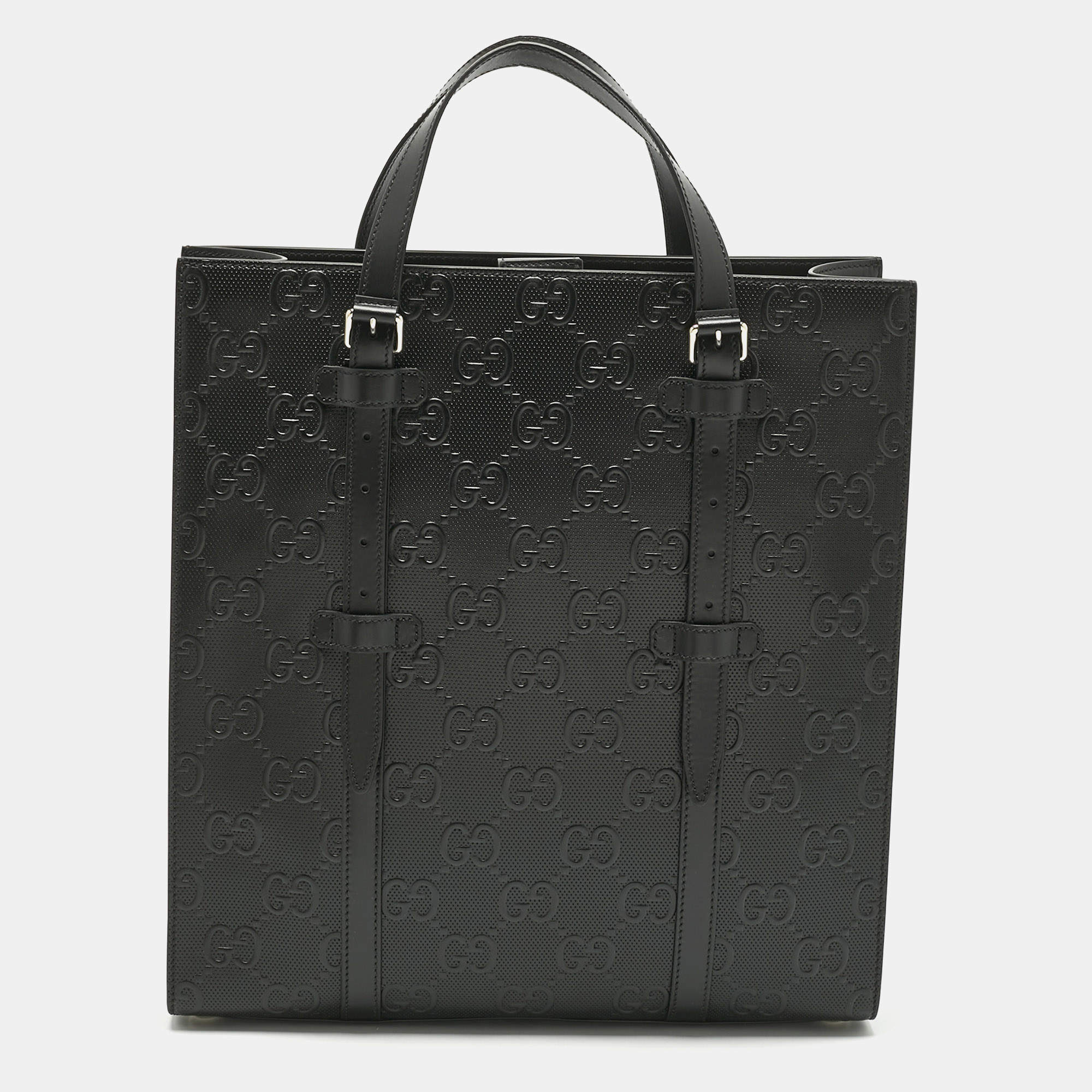 Pre Owned Gucci Black GG Embossed Leather Medium Tote
