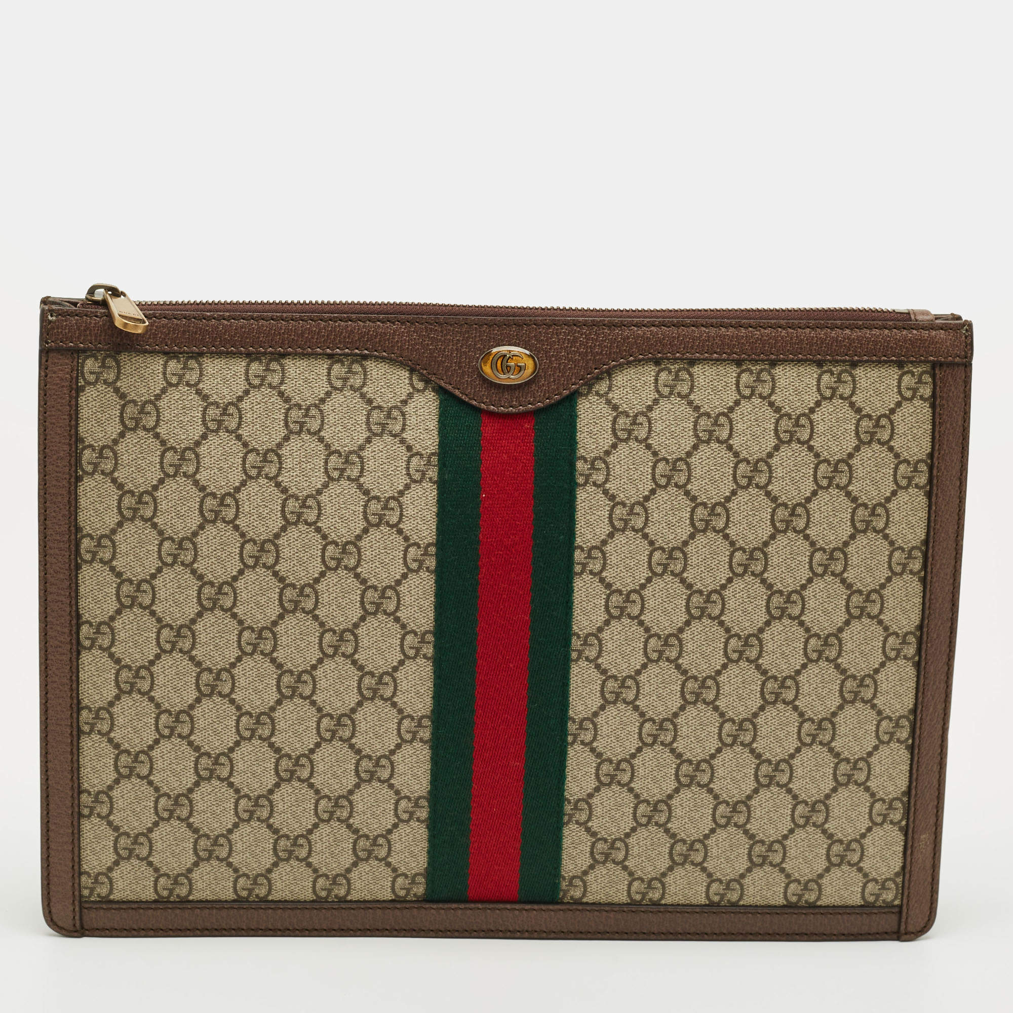 Pre Owned Gucci Brown/Beige GG Supreme Canvas Web Ophidia Portfolio Pouch