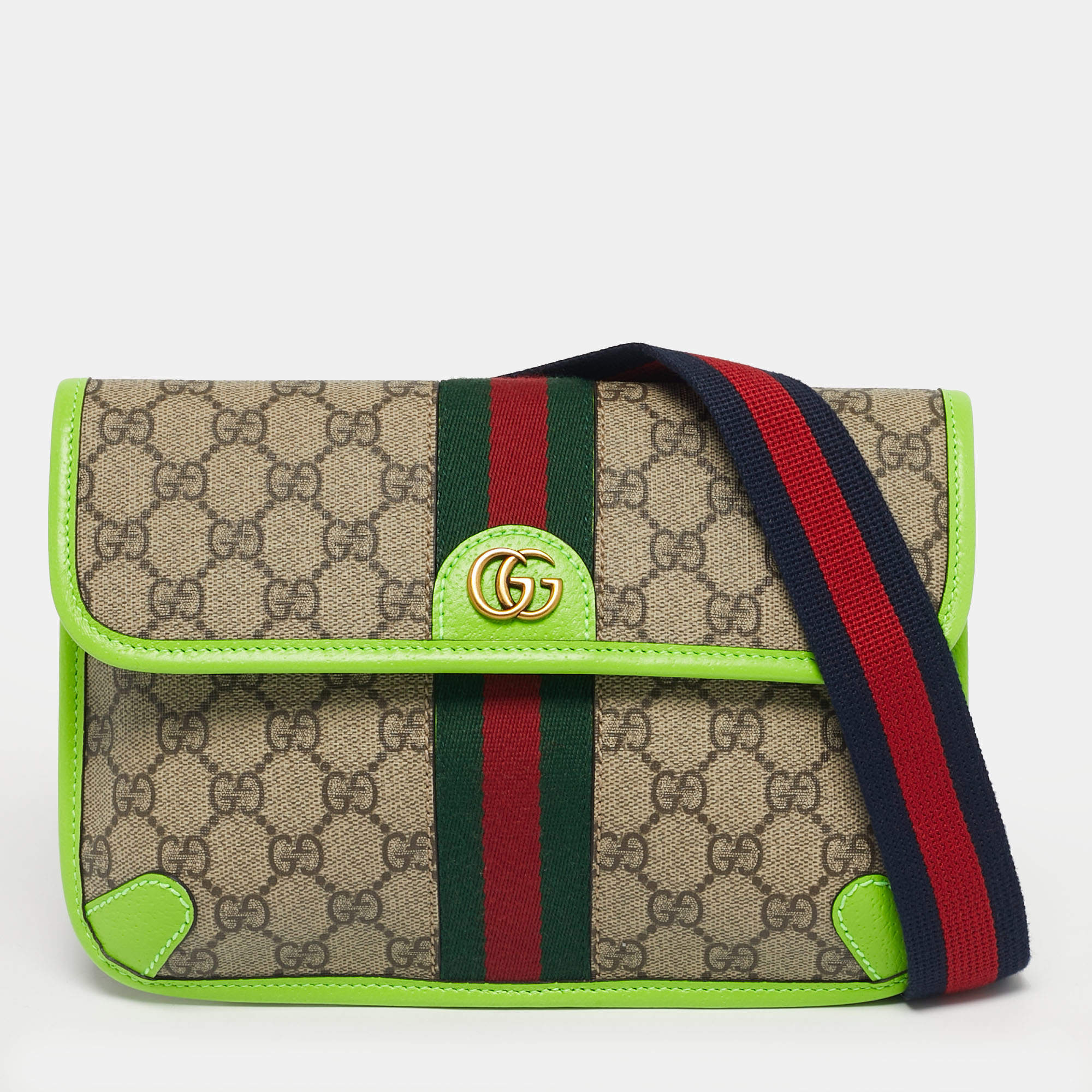 Pre Owned Gucci Neon Green/Beige GG Supreme Canvas and Leather Ophidia Belt Bag